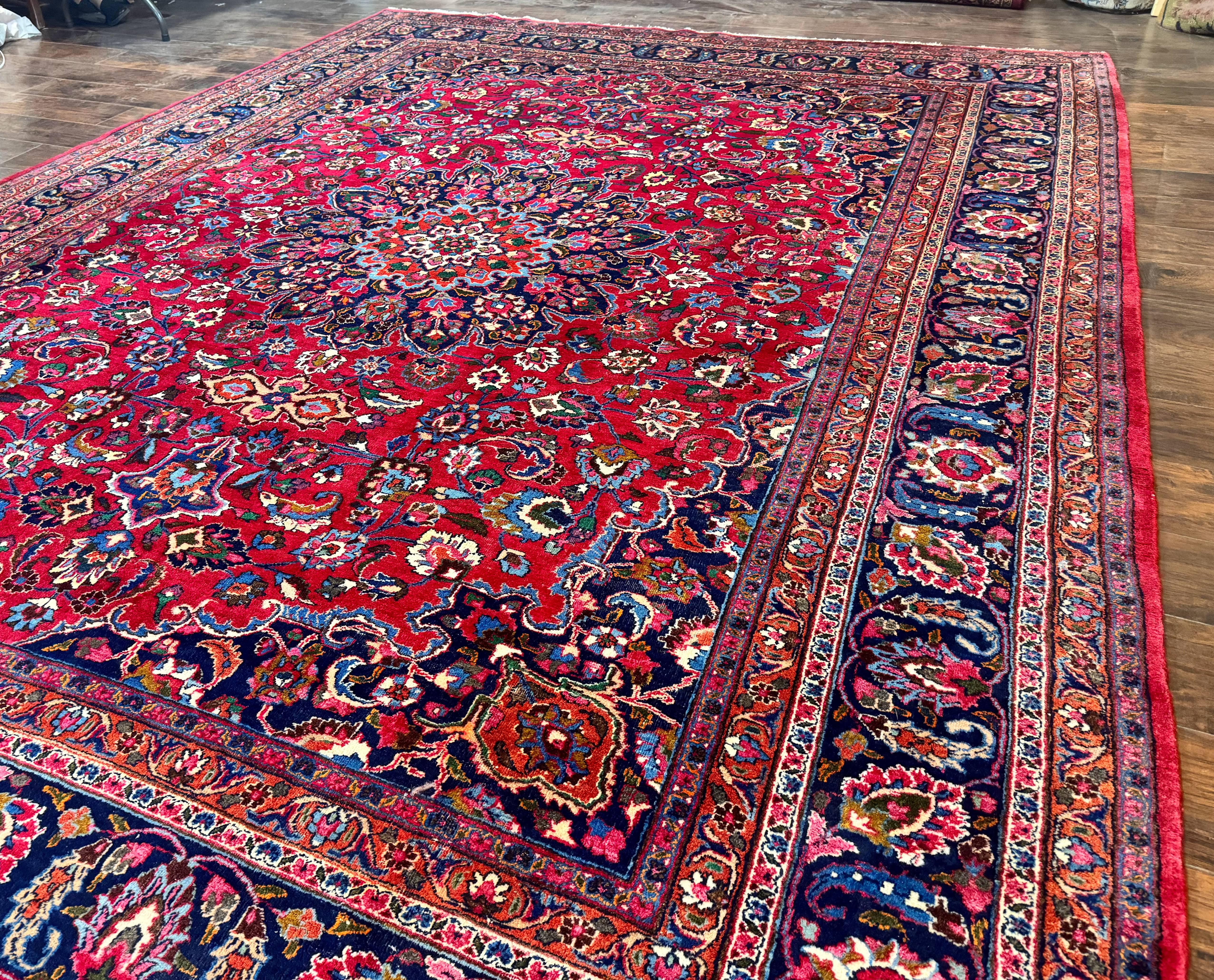 Antique Persian Mashad Rug 10x13, Red and Navy Blue, Great Colors, Signed By Masterweaver, Floral Medallion, Handmade Wool Persian Carpet - Jewel Rugs