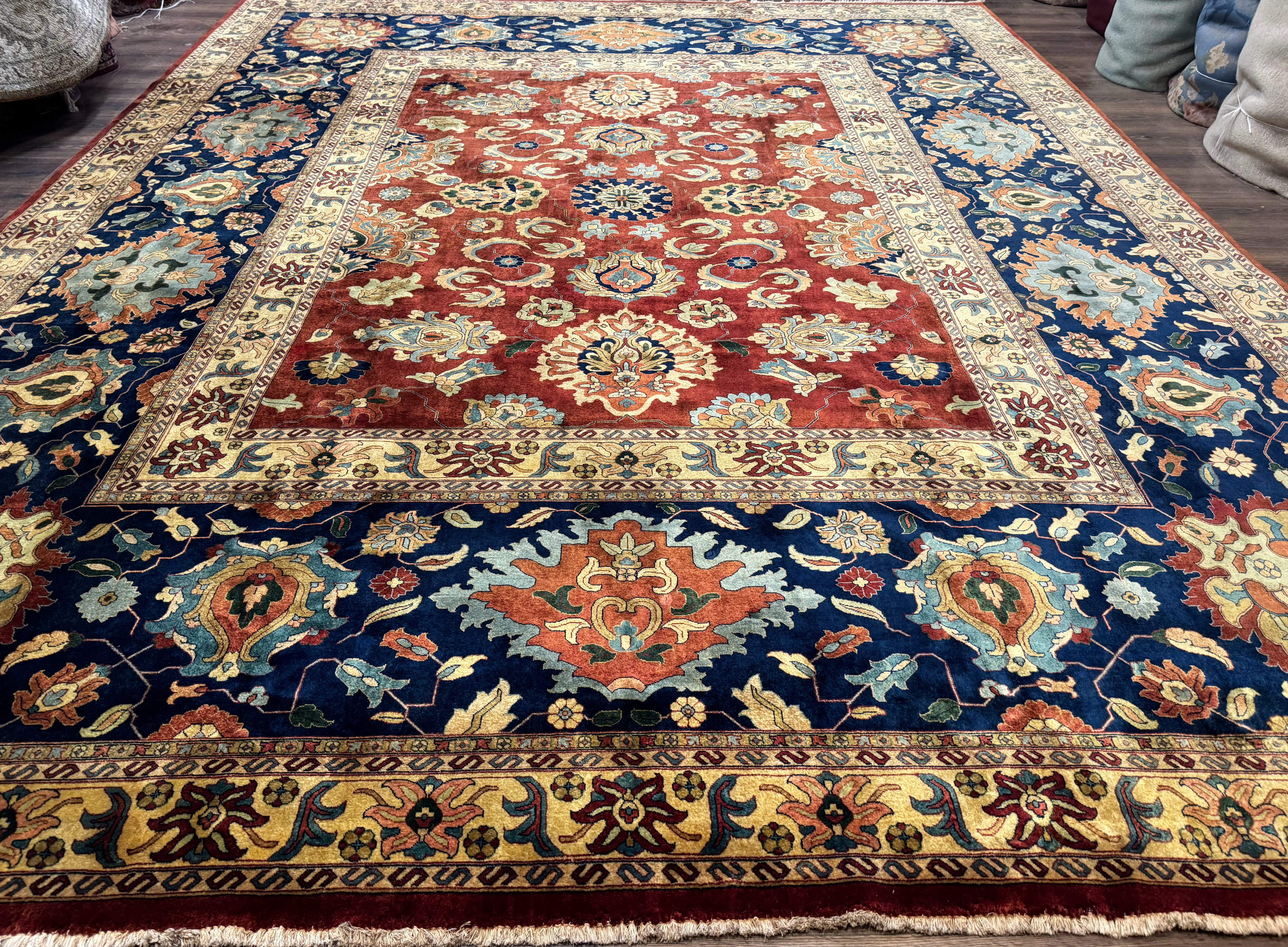 Palace Size Indo Persian Rug 12x15, Sultanabad Mahal Carpet, Red Navy Blue, Fine 210 KPSI - Jewel Rugs