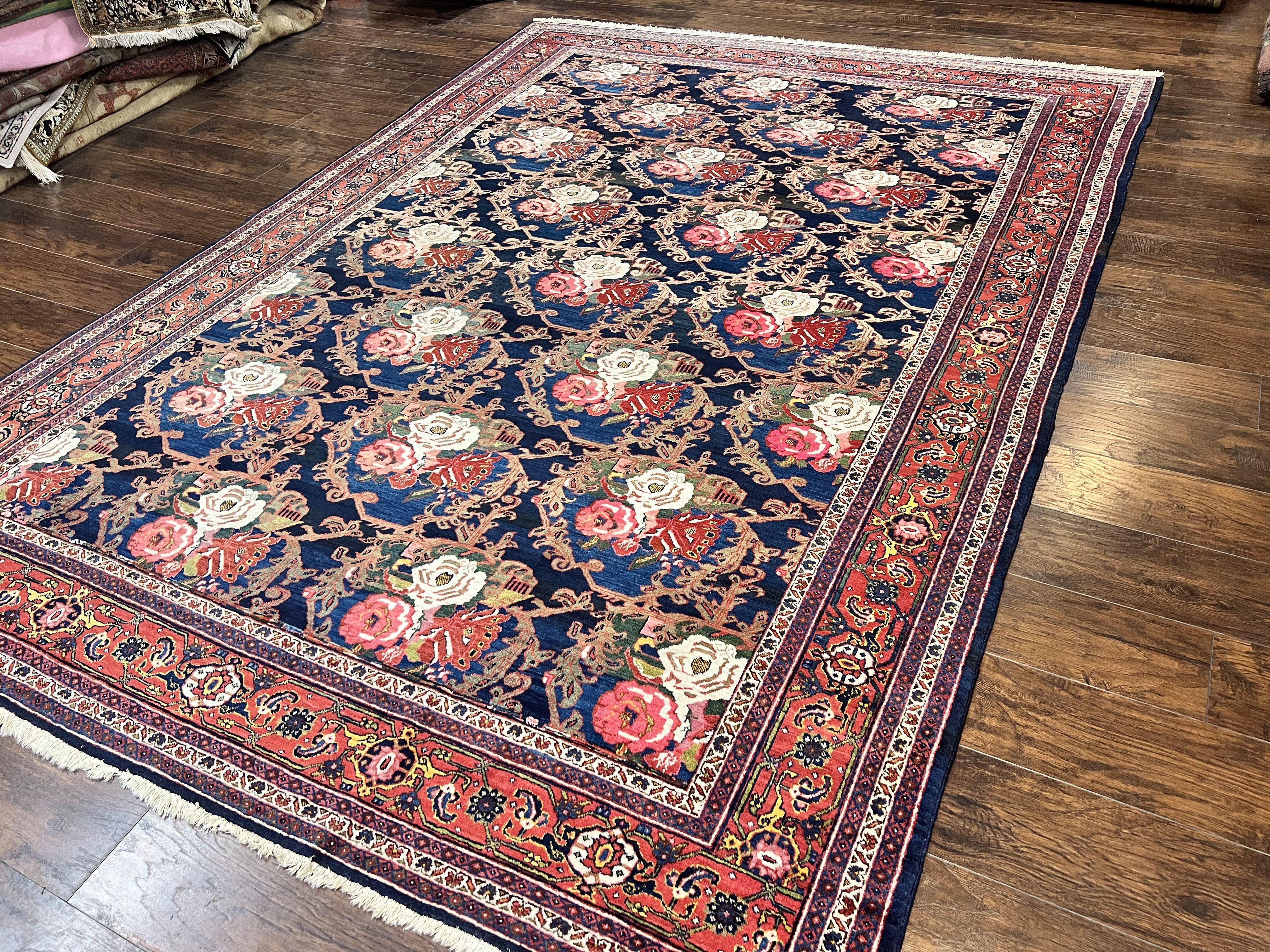 Persian Bidjar Rug 8x11, Floral Bouquets, Blue Black Red Pink, Handmade Hand Knotted Vintage Semi Antique Oriental Carpet - Jewel Rugs