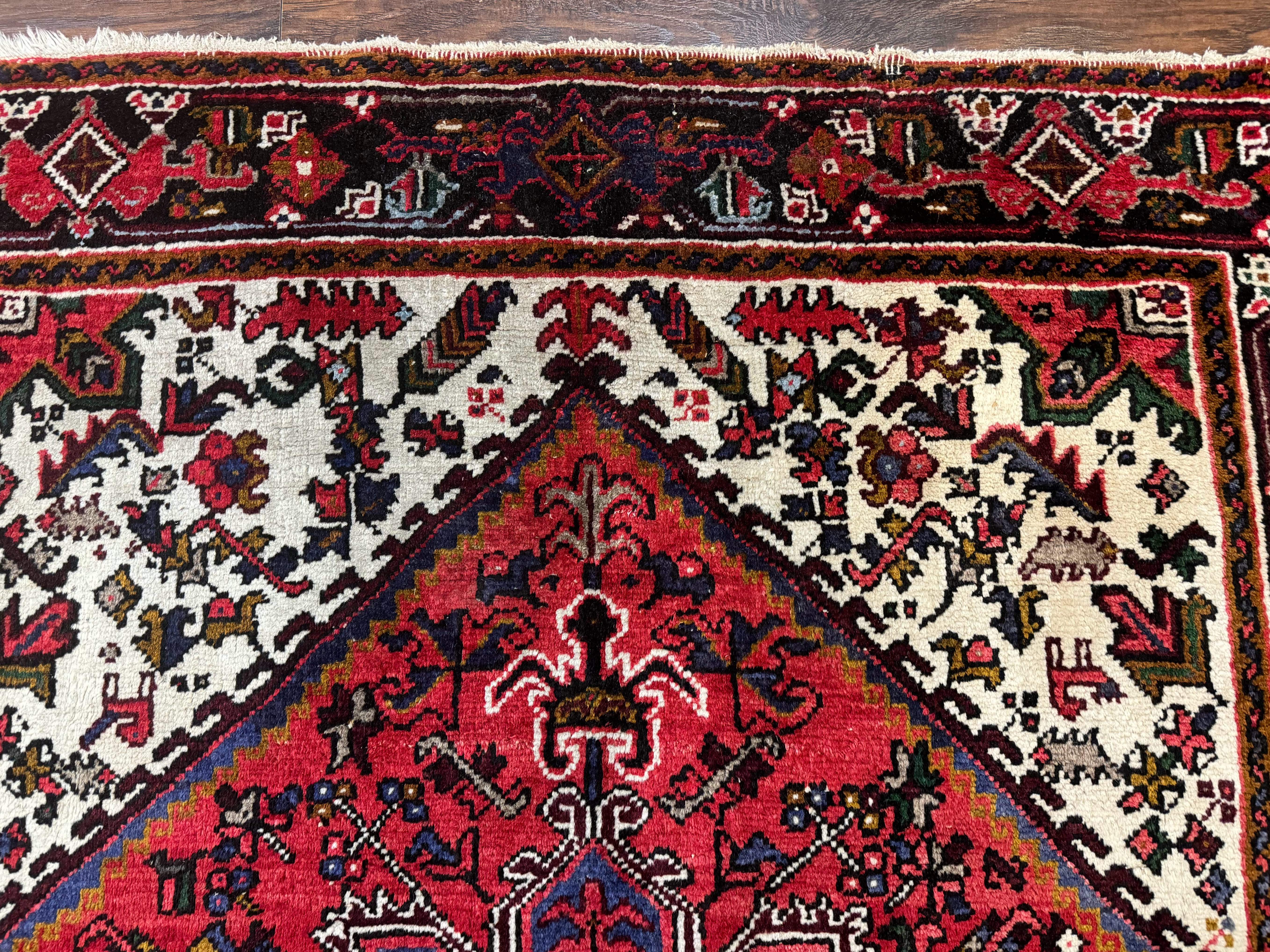 Persian Heriz Rug 5x6 – Red and Ivory, Hand-Knotted Wool, Vintage Geometric Carpet - Jewel Rugs