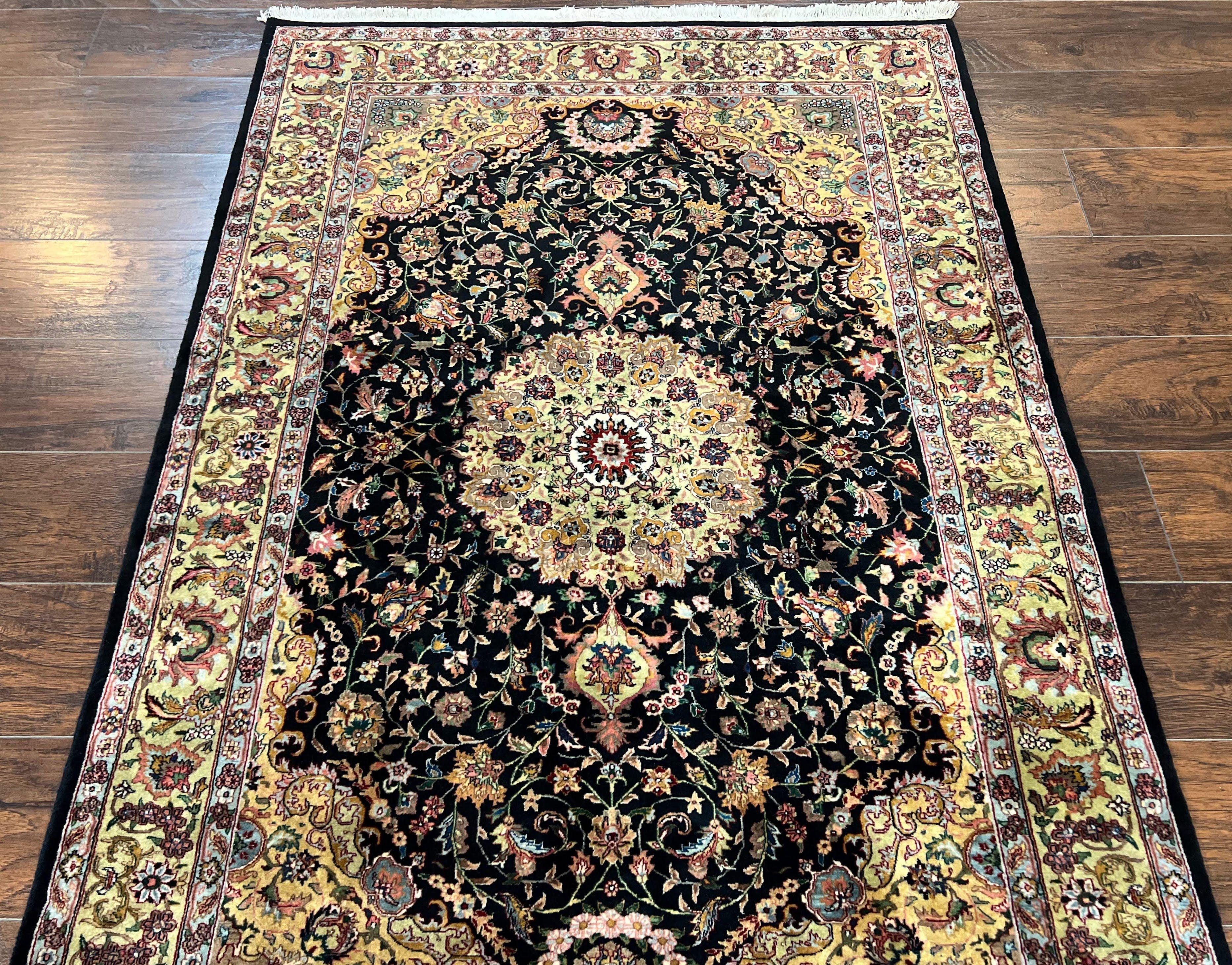 Indo Persian Rug 4x6, Fine Highly Detailed Indian Oriental Carpet 4 x 6 ft, Floral Medallion, Unique Colors, Black Light Gold, Wool Handmade - Jewel Rugs