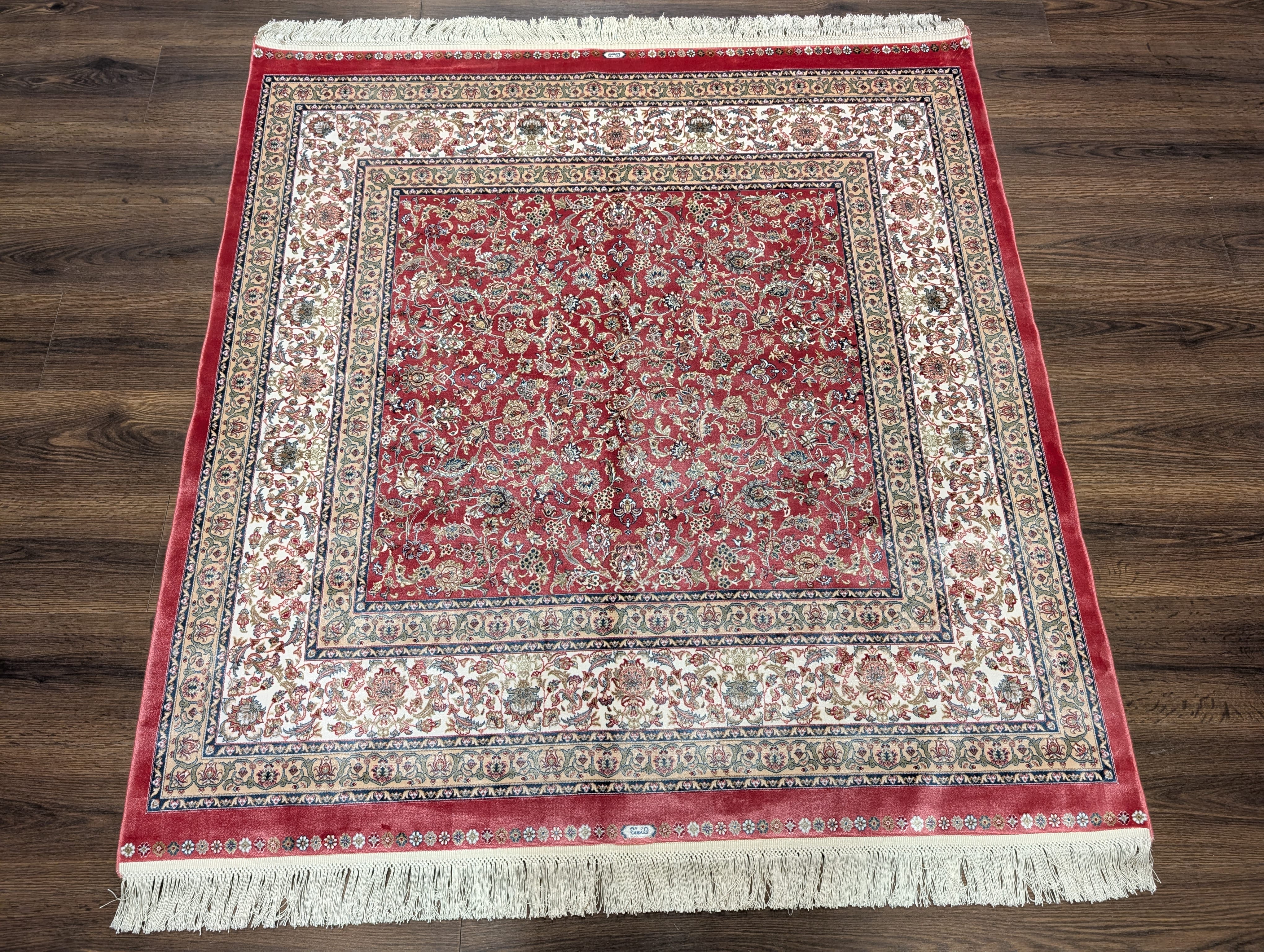 Square Silk Rug 5x5, Red and Ivory, Floral, Turkish Silk Carpet, New, Bamboo Silk - Jewel Rugs