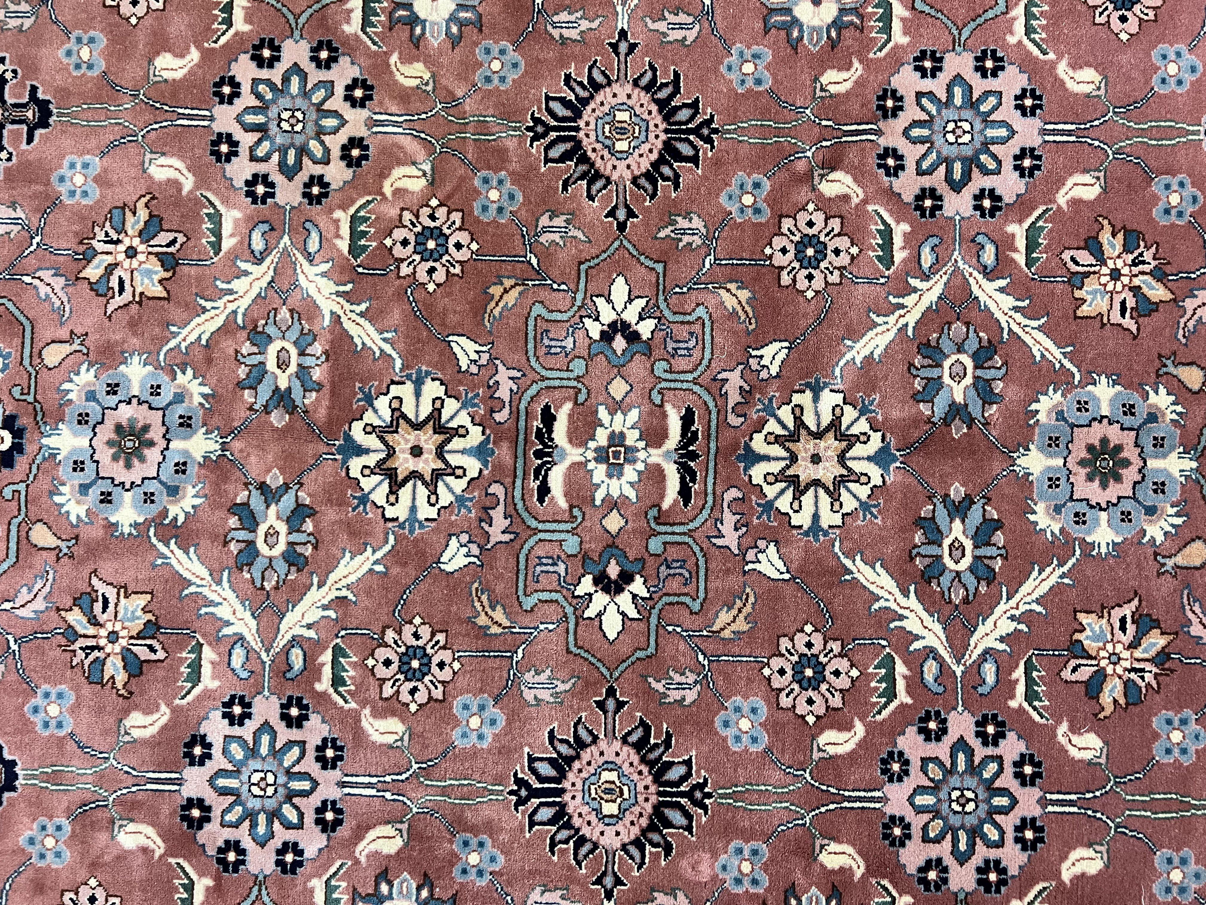 Indo Persian Square Rug 8x8 ft, Pink and Navy Blue, Allover Pattern, Handmade Vintage Wool Carpet - Jewel Rugs