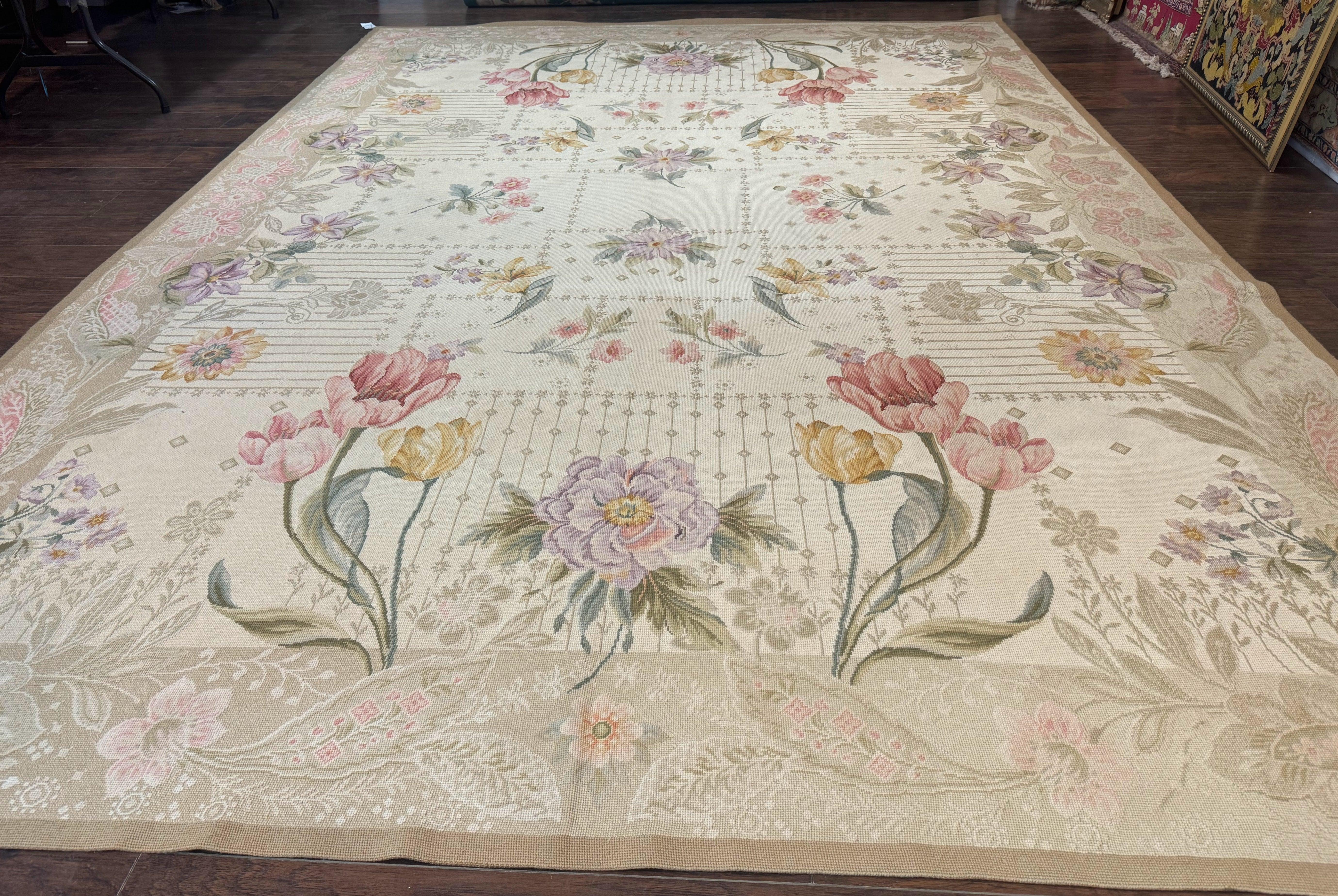 Needlepoint Rug 10x14, Petitepoint Carpet, Floral, Elegant, European Design, Beige Pink Lavender, Large Flowers - Jewel Rugs