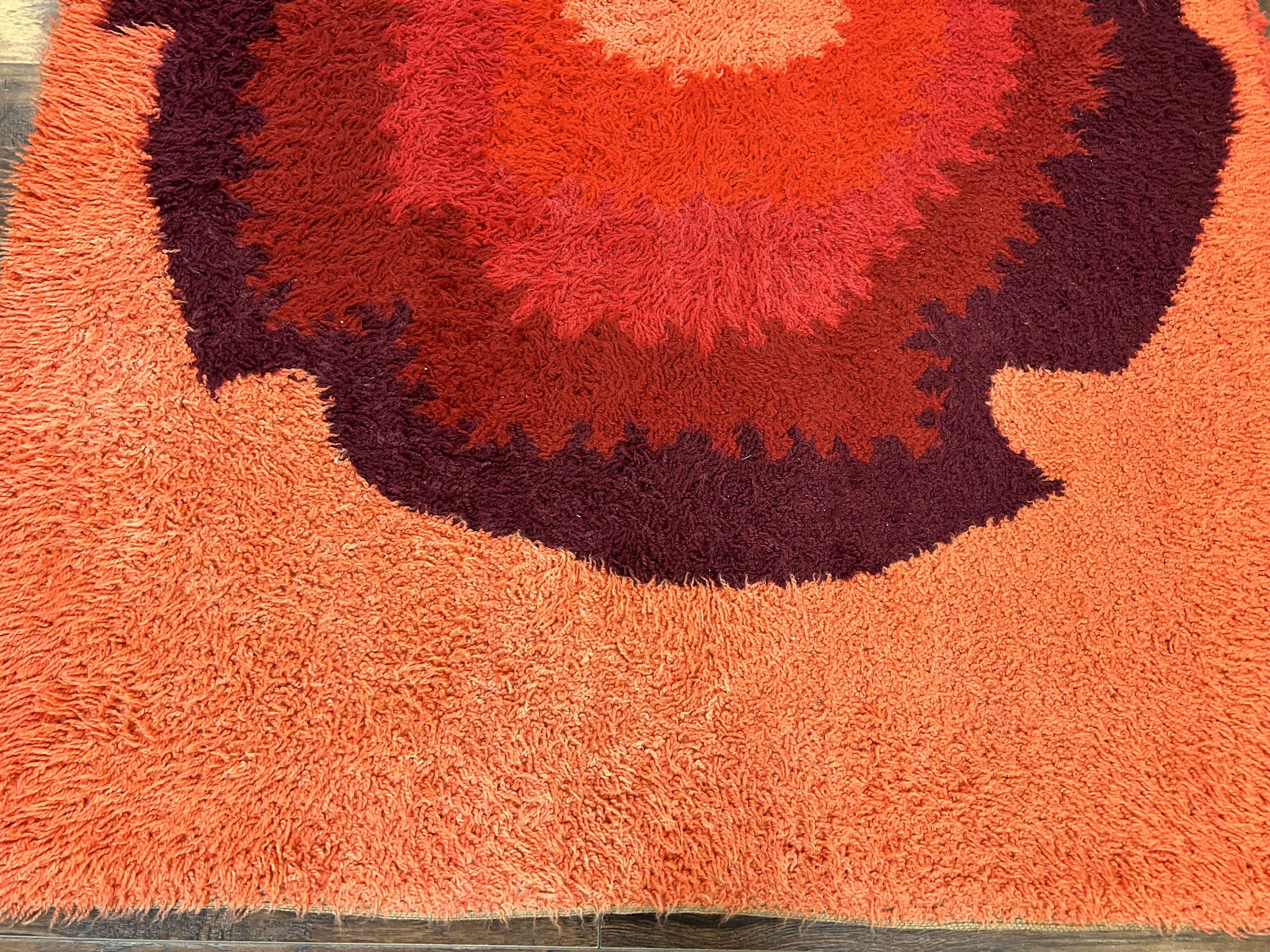 Danish Rya Shag Rug 4x6, Mid Century 1960s Retro Vintage Wool Rug, Shades of Red - Jewel Rugs