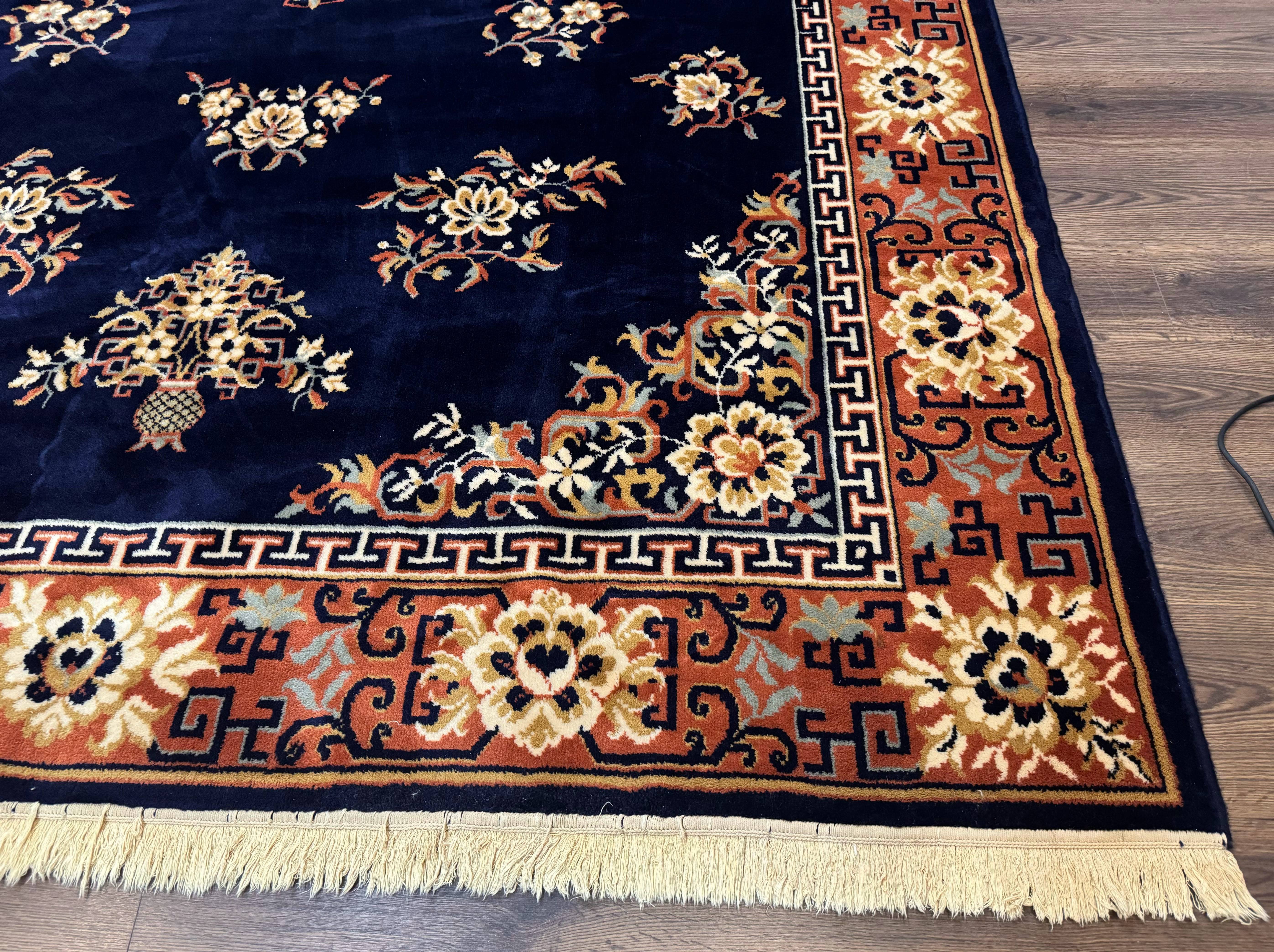 Chinese Wool Rug 8x11, Navy Blue and Terracotta, Floral, Couristan Belgium Power Loomed Carpet - Jewel Rugs