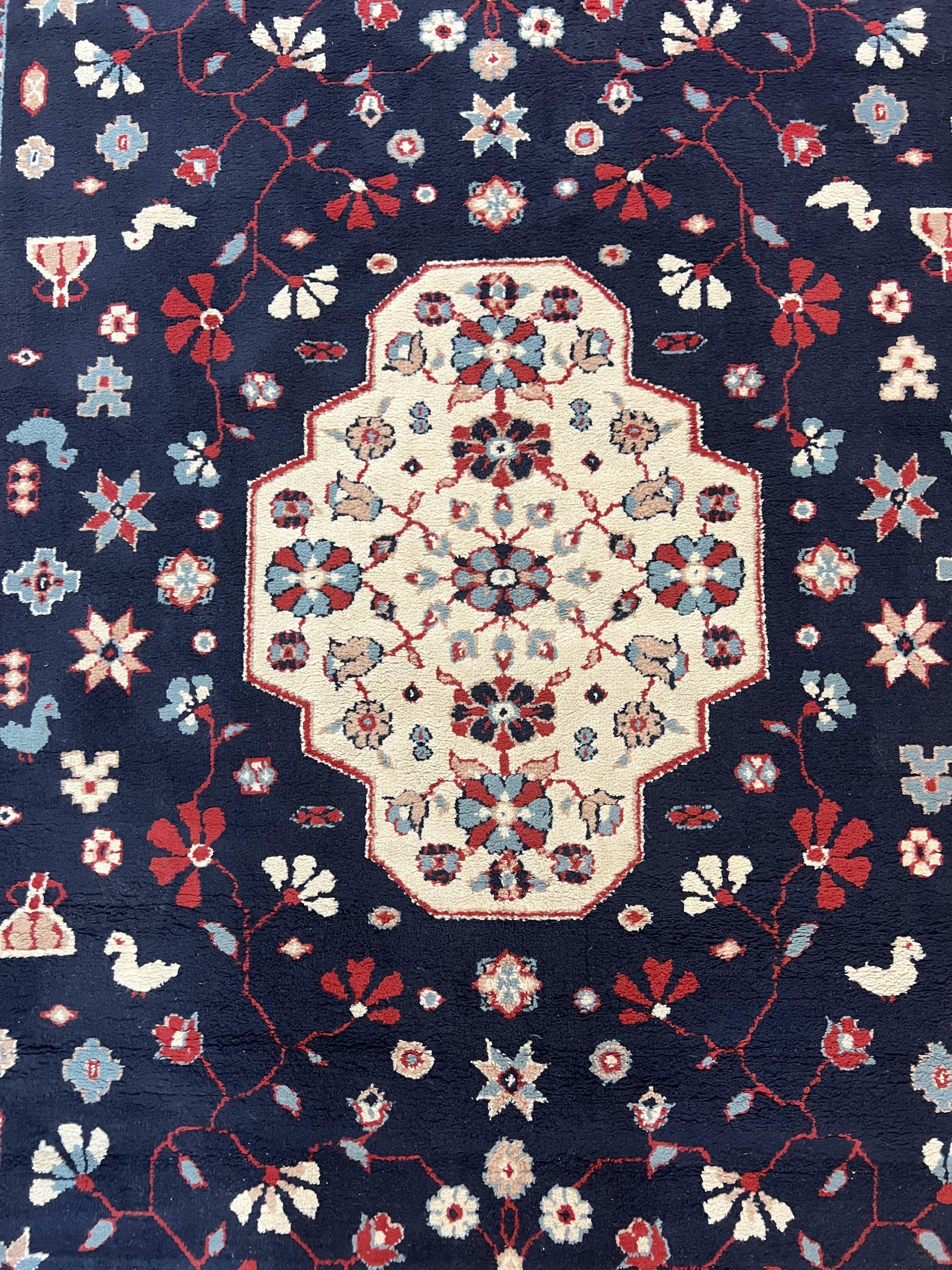 Belgium Power Loomed Rug 5.6 x 7, Navy Blue and Ivory, Heriz Pattern, Vintage Oriental Carpet - Jewel Rugs