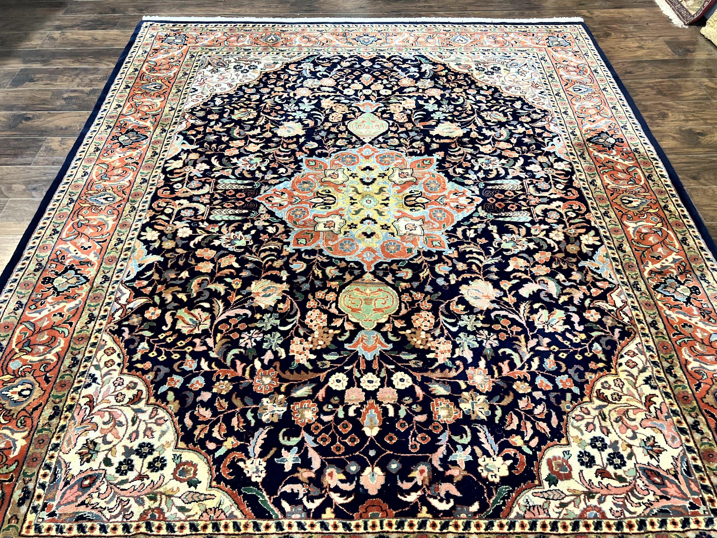 Indo Persian Rug 8x10, Midnight Blue & Red, Handmade Vintage Wool Carpet, Floral Medallion - Jewel Rugs