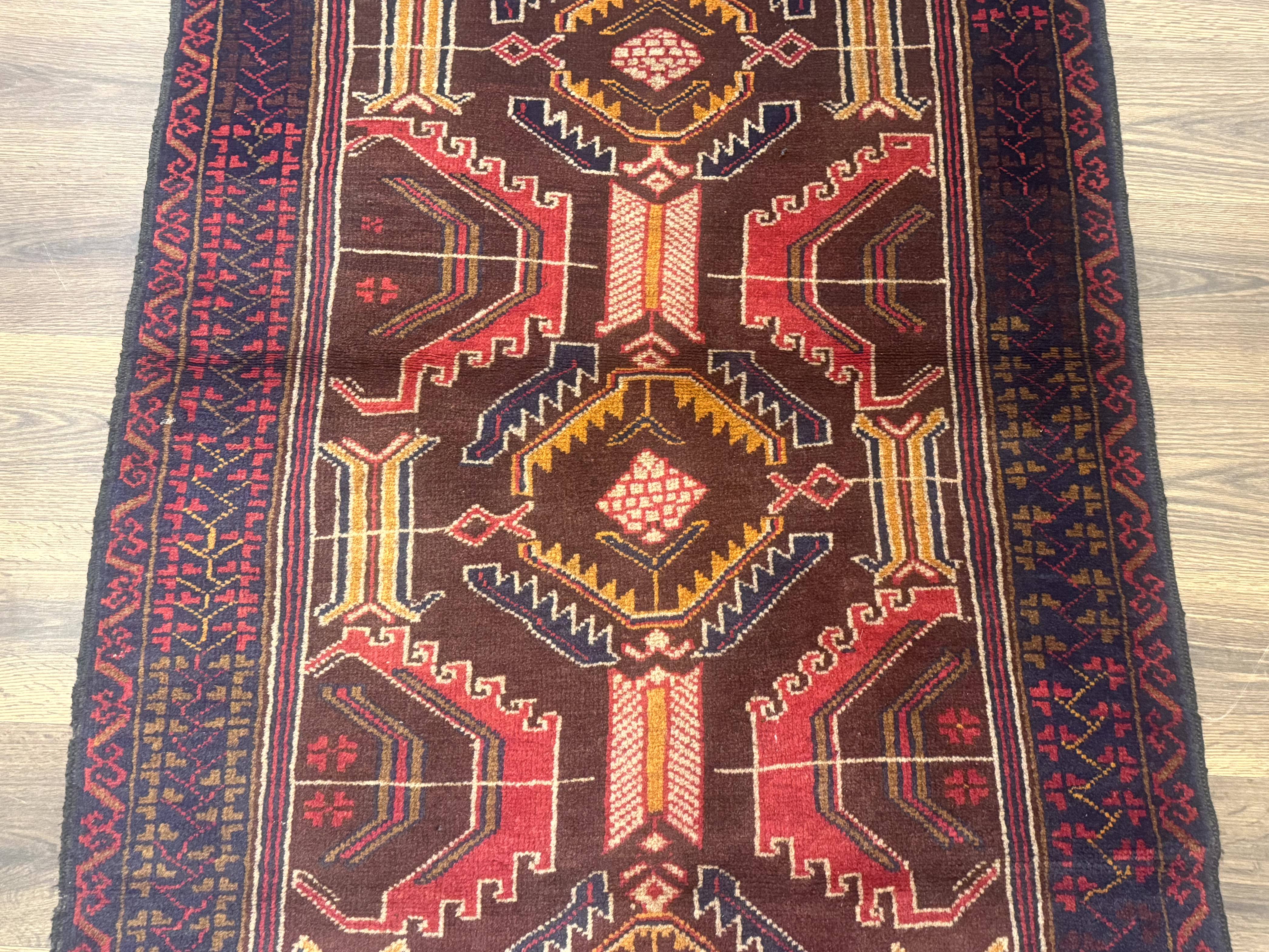 Afghan Rug 3x7, Maroon and Navy Blue, Balouch Carpet, Tribal Rug, New - Jewel Rugs