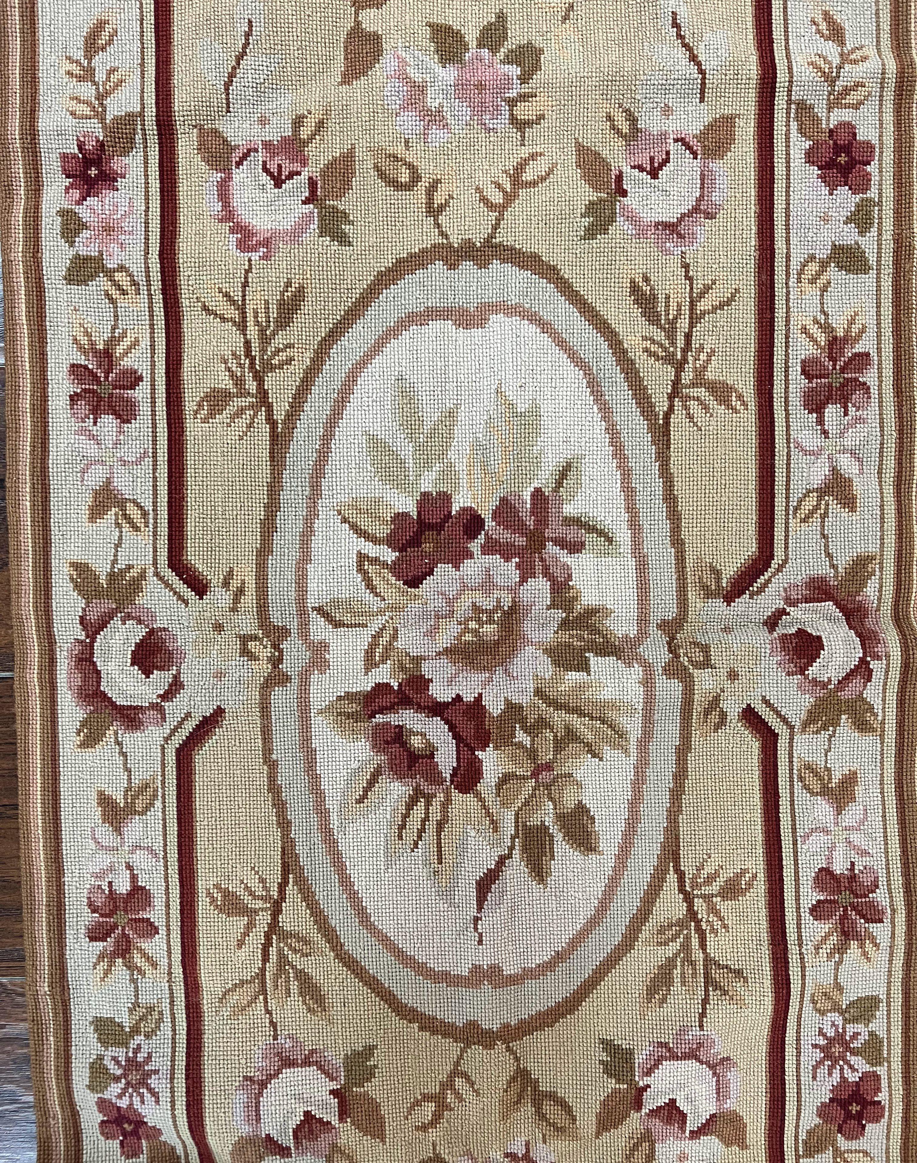 Small Needlepoint Rug 2x4, Wool Handmade Vintage Carpet, Beige Ivory Floral Roses Aubusson Rug - Jewel Rugs