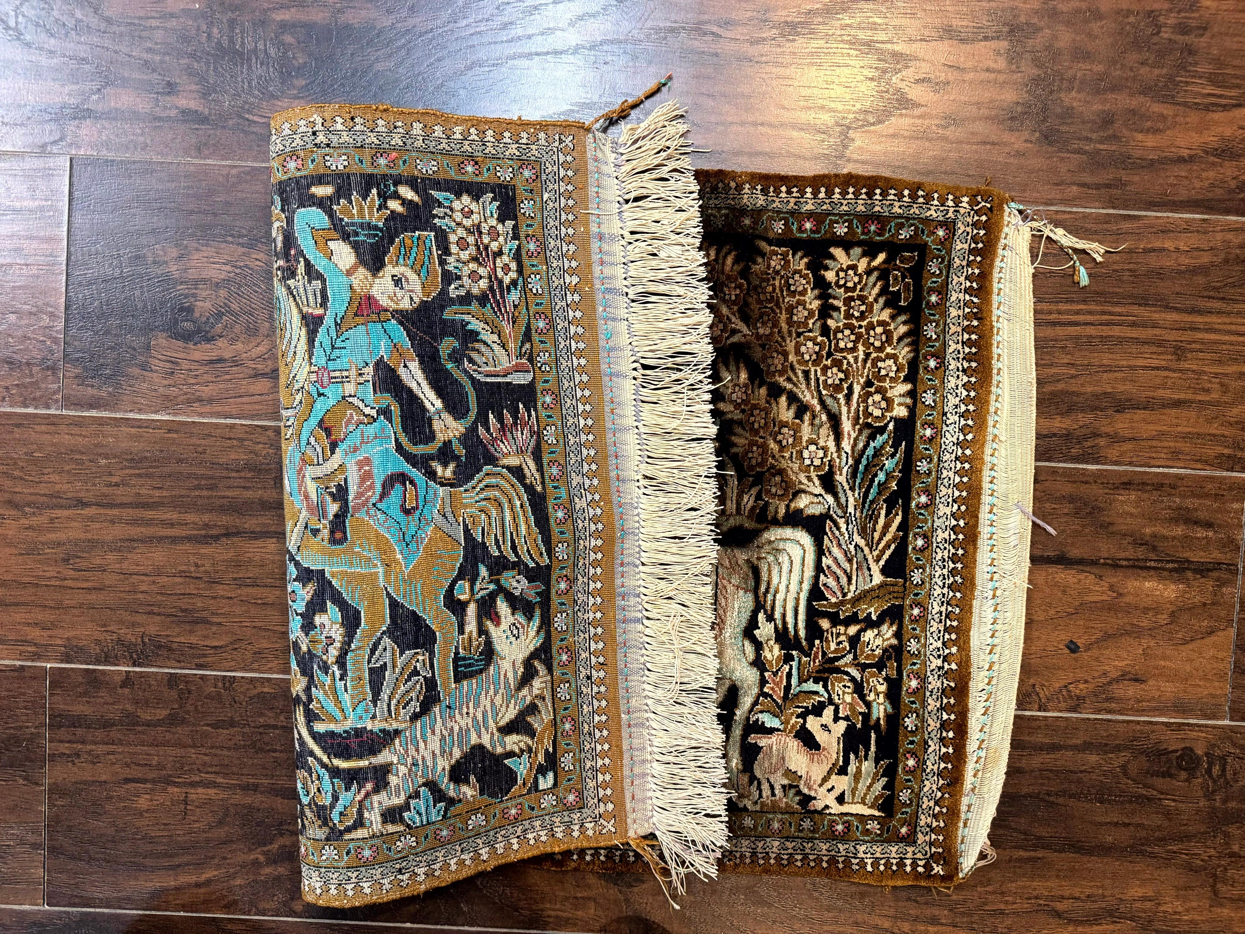 Persian Silk Qum Hunting Design Rug 2x3, Hunting Pattern, Horsemen, Silk on Silk, 330 KPSI - Jewel Rugs