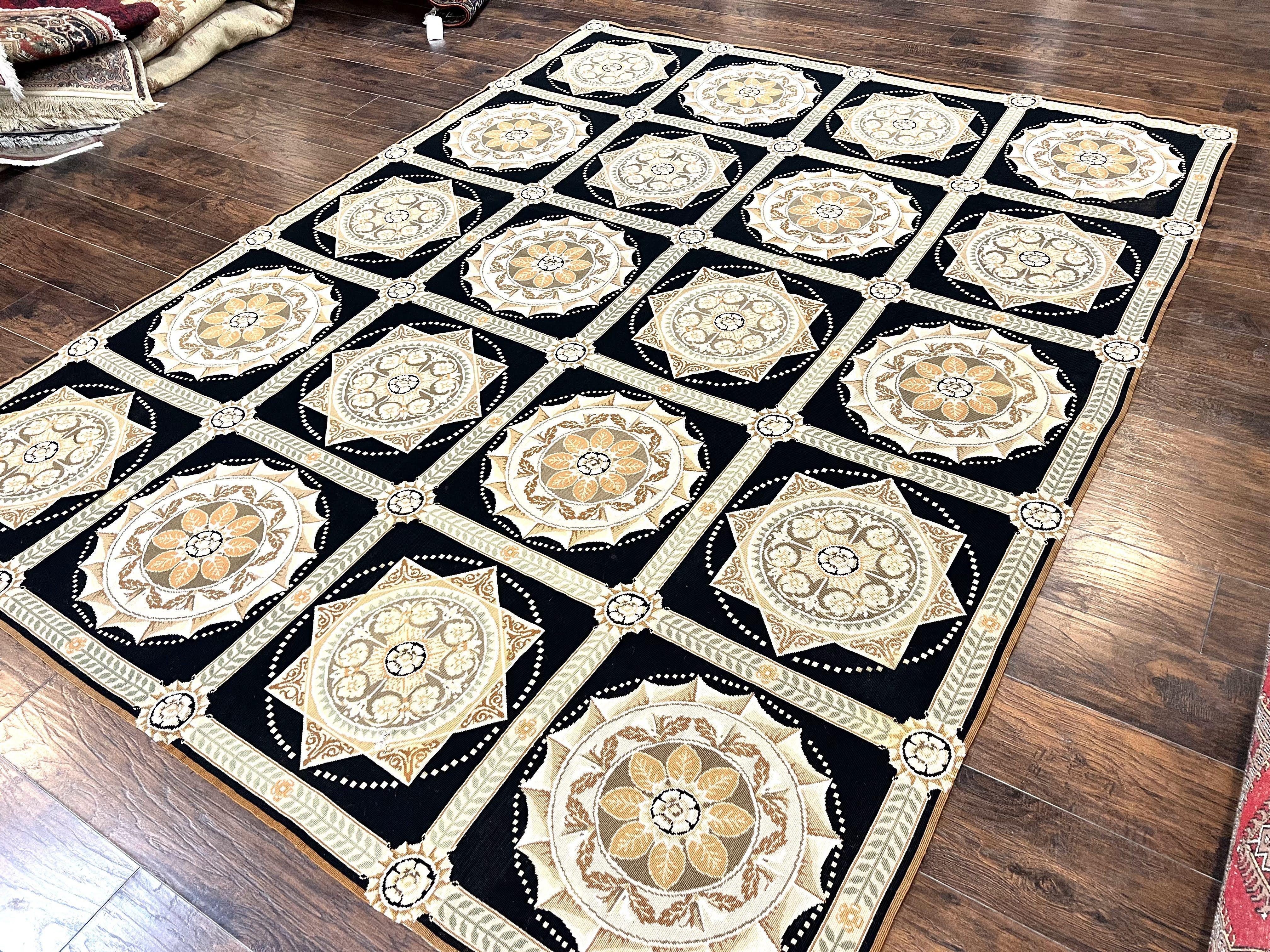 Needlepoint Rug 8x10, Black Tan Beige, Panel Design, Wool Handwoven Handmade Flatweave Needlepoint Carpet, Vintage French European Rug - Jewel Rugs