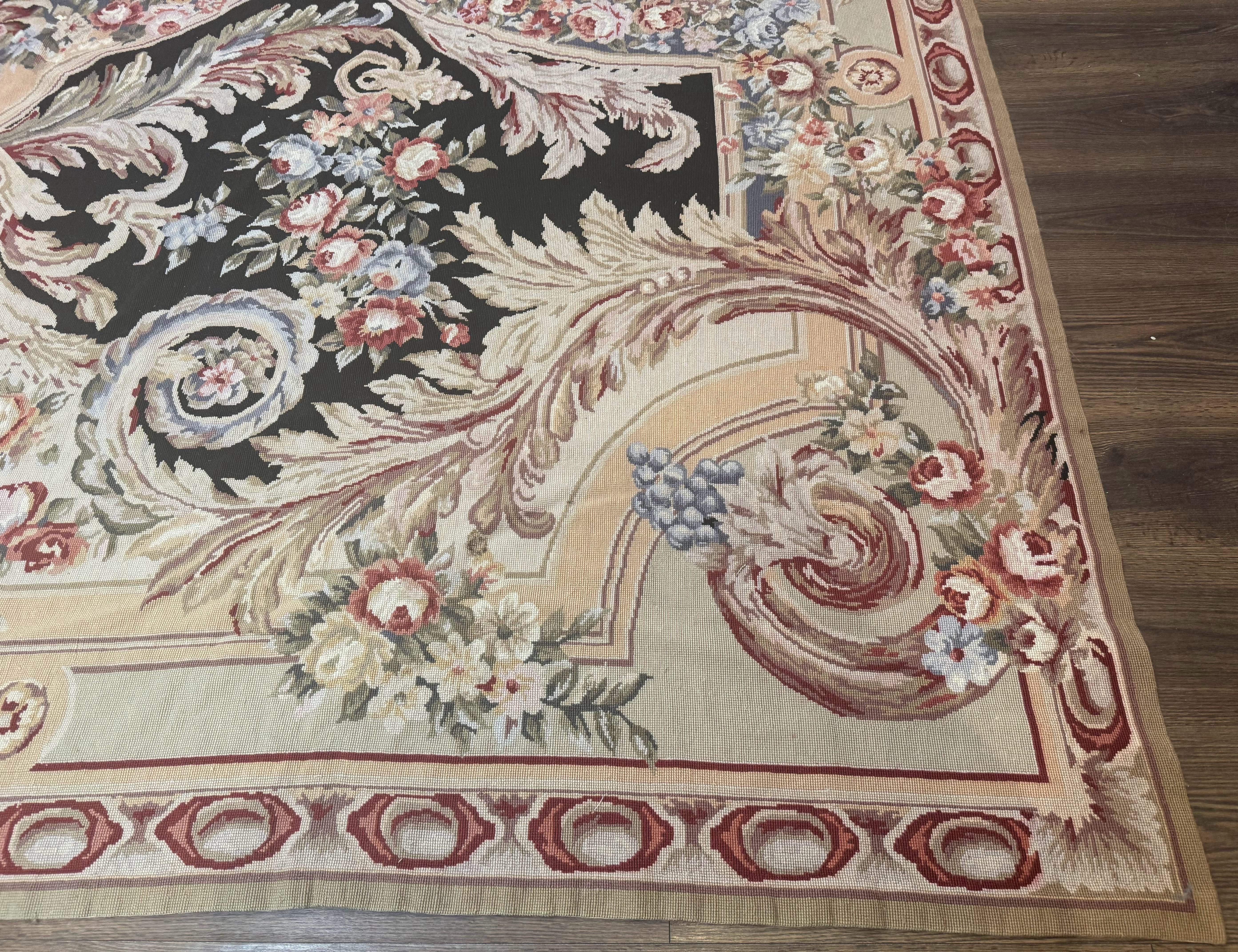 Wonderful Needlepoint Rug 10x14, Large Aubusson Carpet, Floral, Elegant, European Design - Jewel Rugs