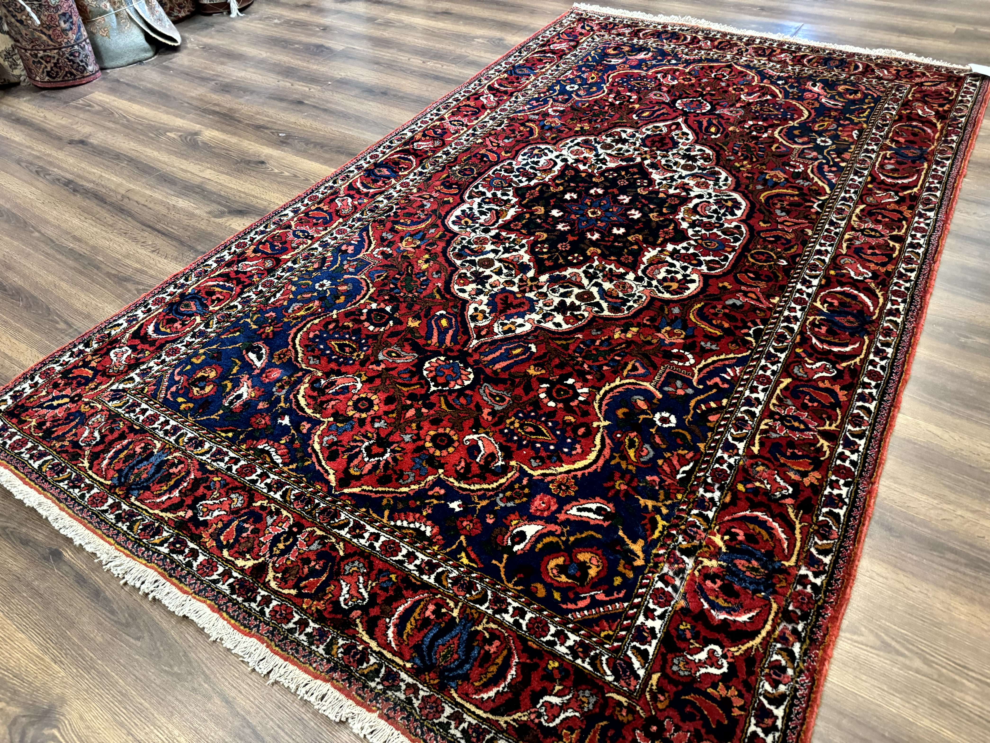 Persian Tribal Rug 5x9, Bakhtiyari Chalshotor Carpet, Medallion, Red Ivory Navy Blue - Jewel Rugs