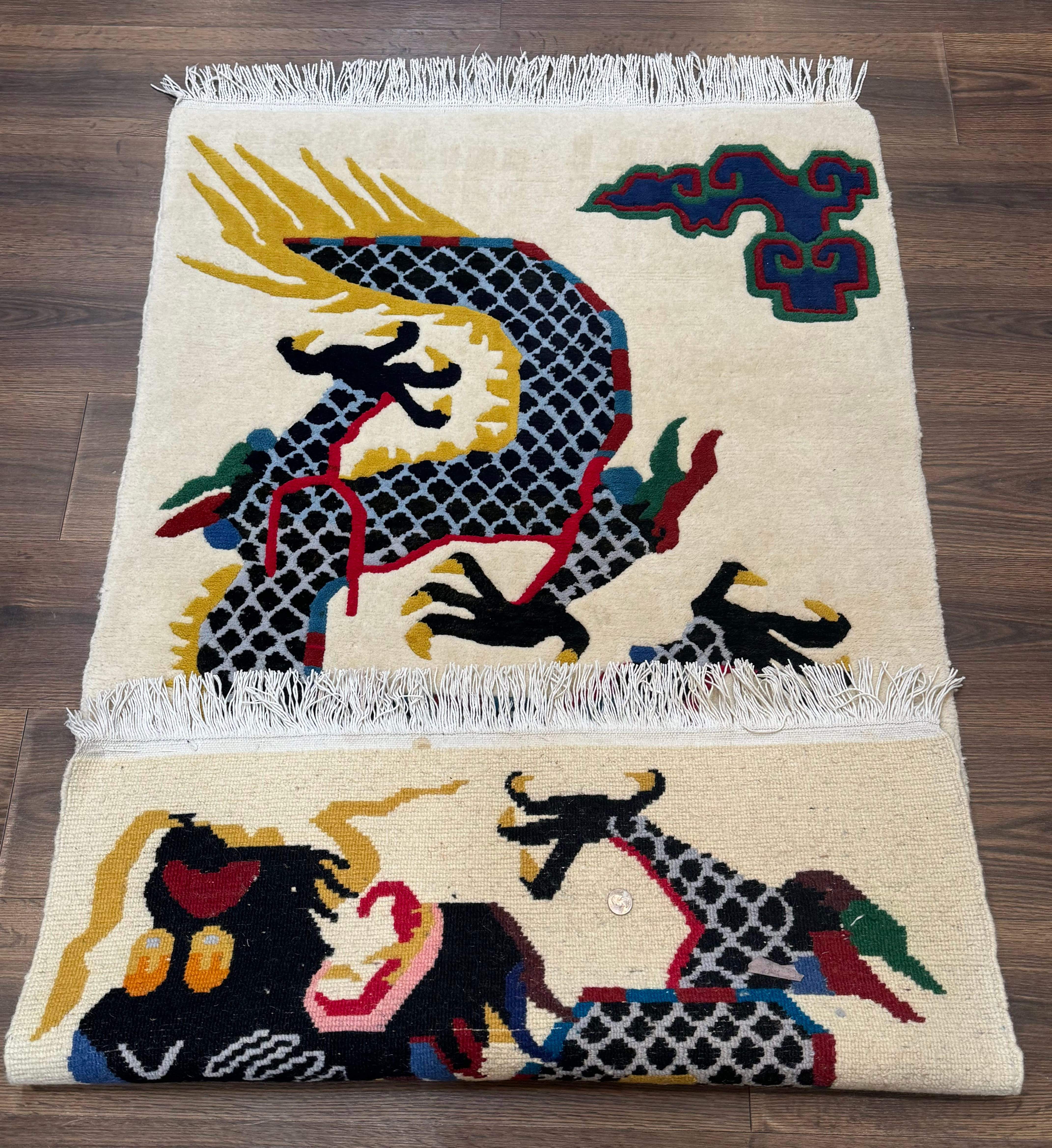 Chinese Dragon Rug 3x5 – Ivory, Hand-Knotted Wool, Vintage Carpet - Jewel Rugs