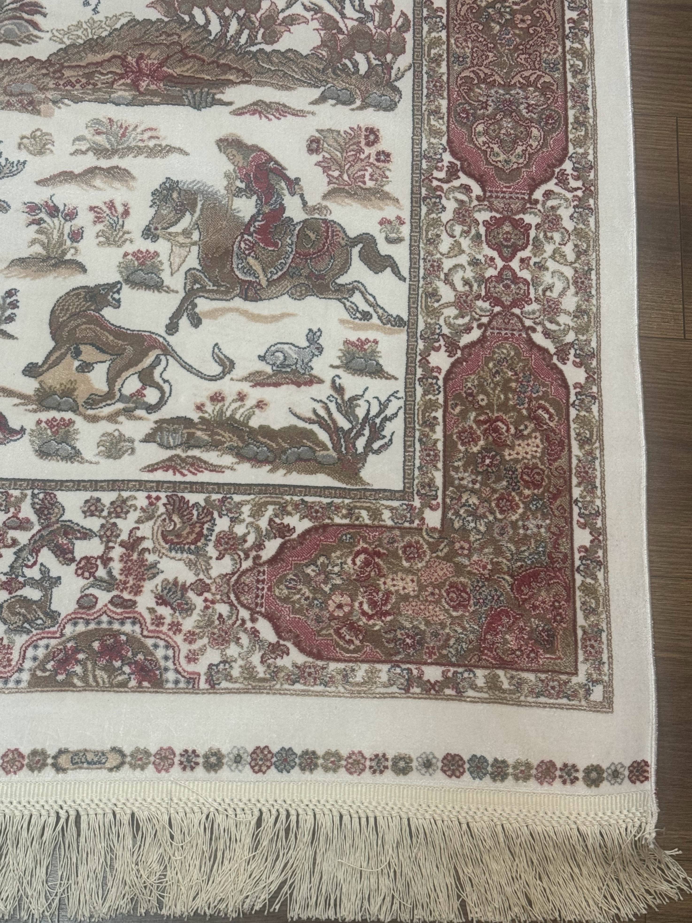 Long Turkish Silk Runner Rug 2.6 x 16.5, Hunting Design, Ivory, Bamboo Silk, New - Jewel Rugs