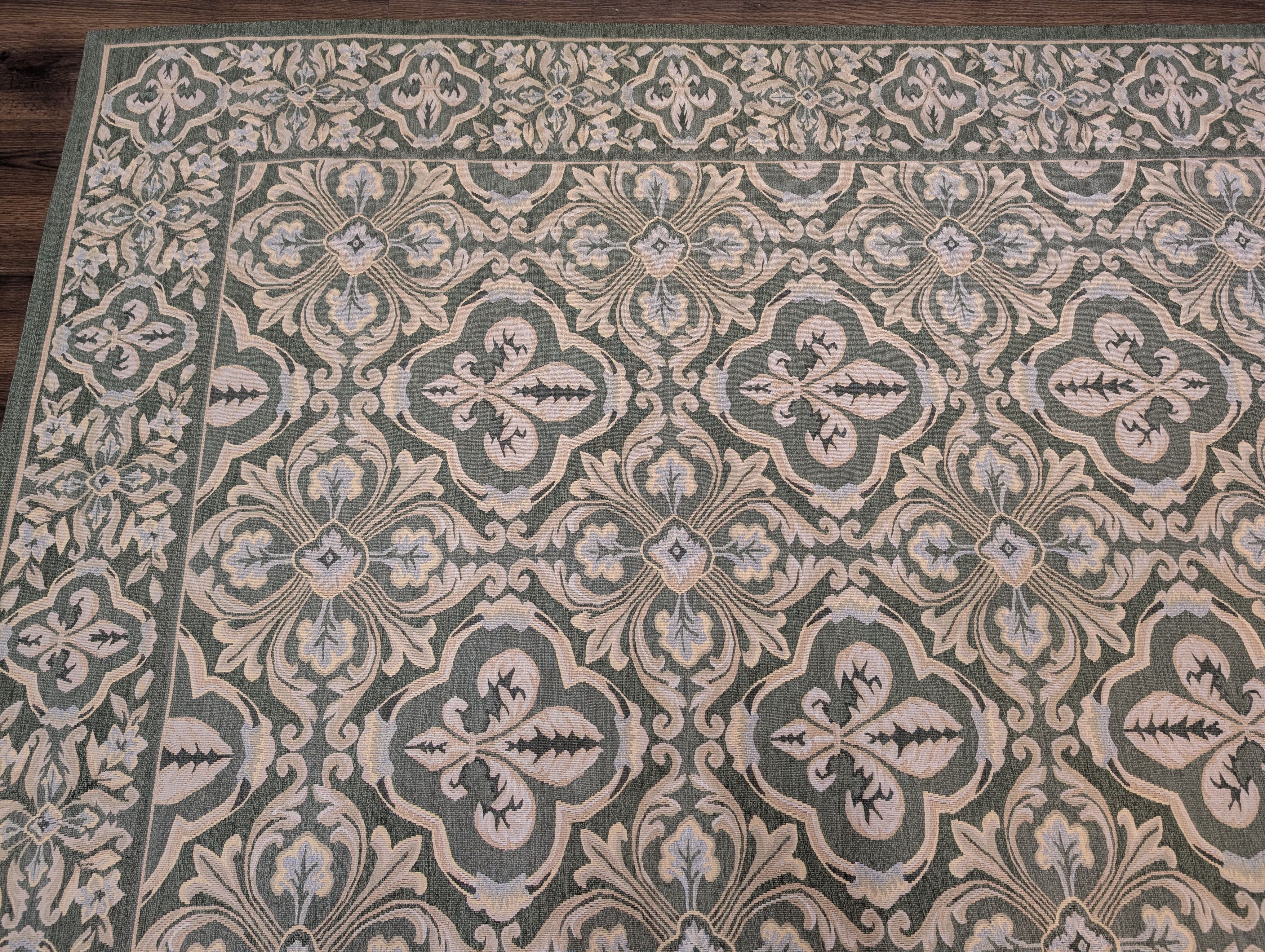Green Aubusson Rug 9x12, European Design, Wool - Jewel Rugs