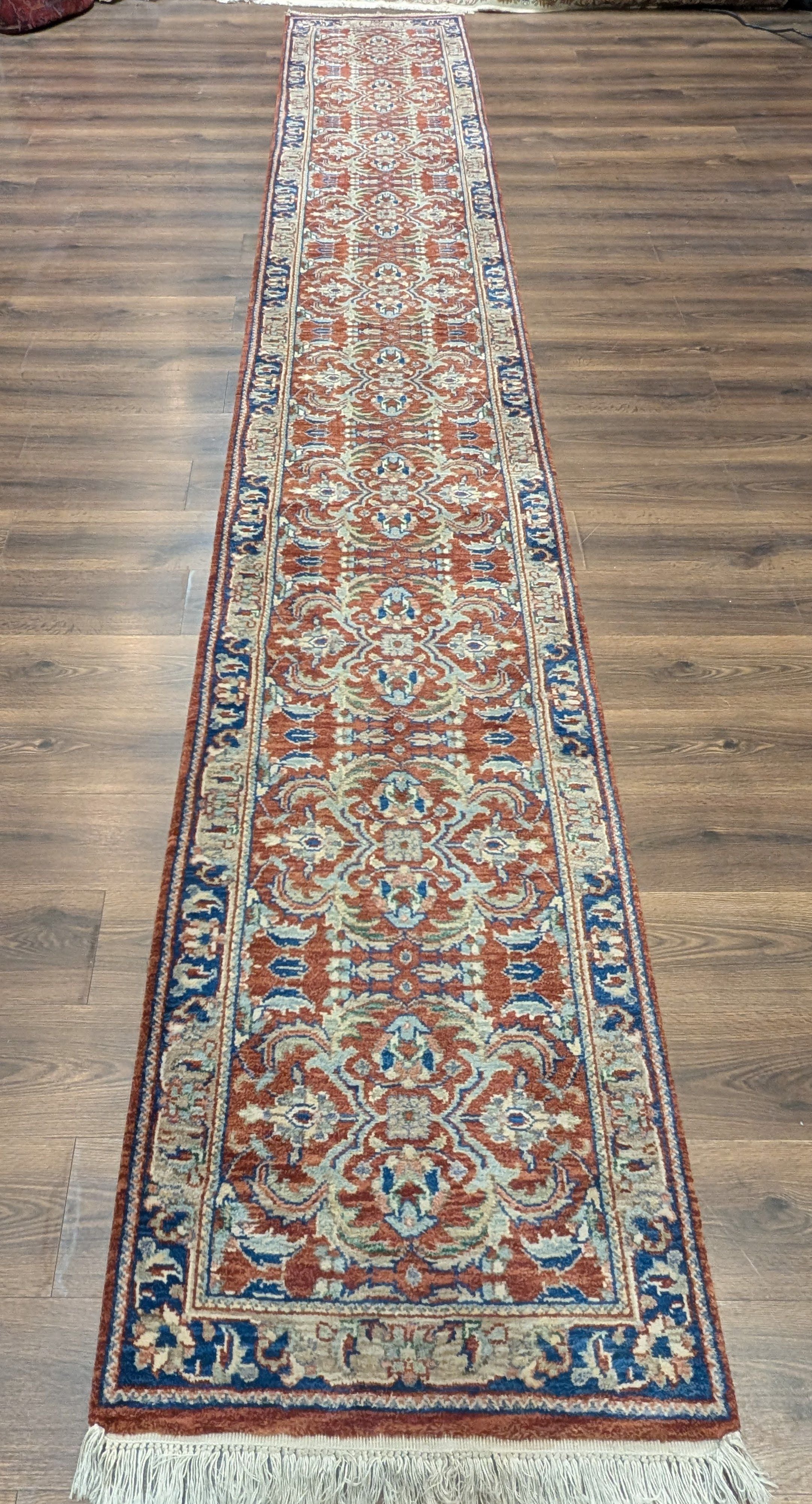Indo Persian Runner Rug 2.6 x 16, Long Narrow Rug for Hallway, Brick Red and Blue - Jewel Rugs