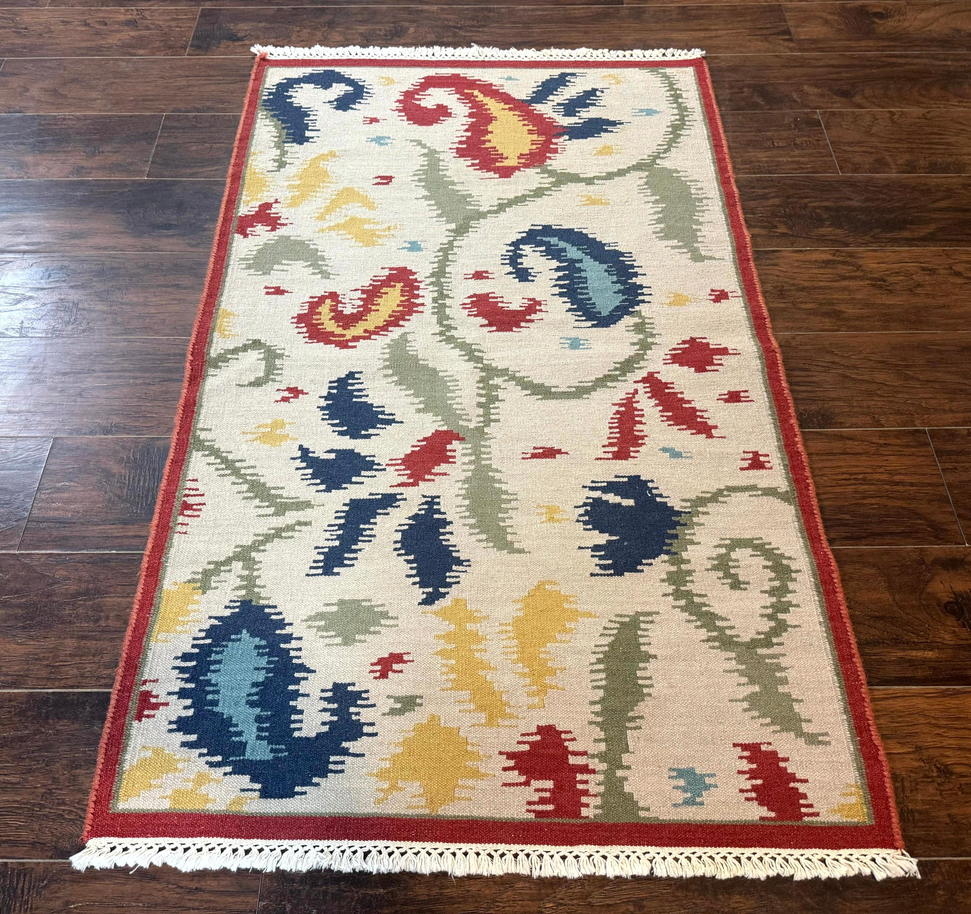 Indian Kilim Flatweave Rug 3x5, Abstract, Beige and Multicolor Flowers, Handmade - Jewel Rugs
