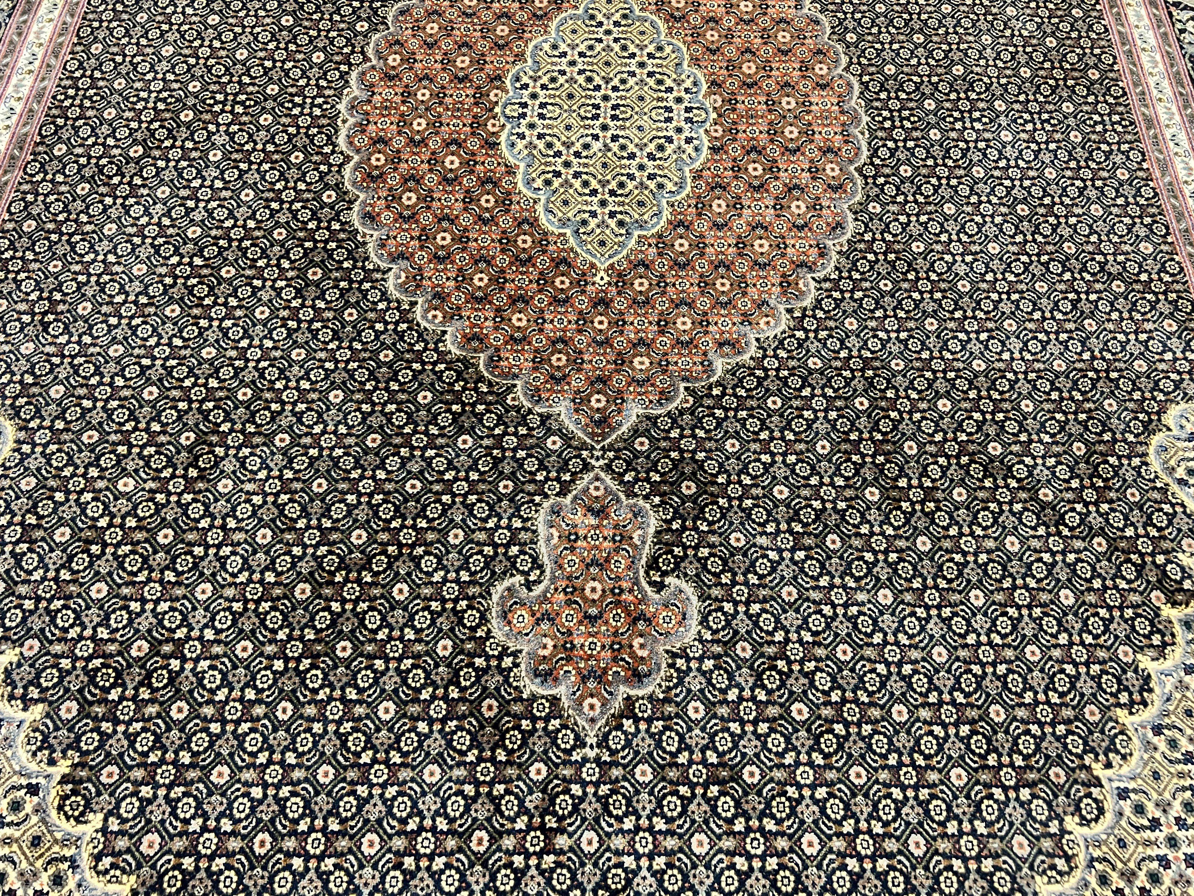 Persian Tabriz Rug 7x10, Very Fine 330 KPSI 50 Raj, Black and Beige, Handmade Wool Vintage Persian Carpet - Jewel Rugs