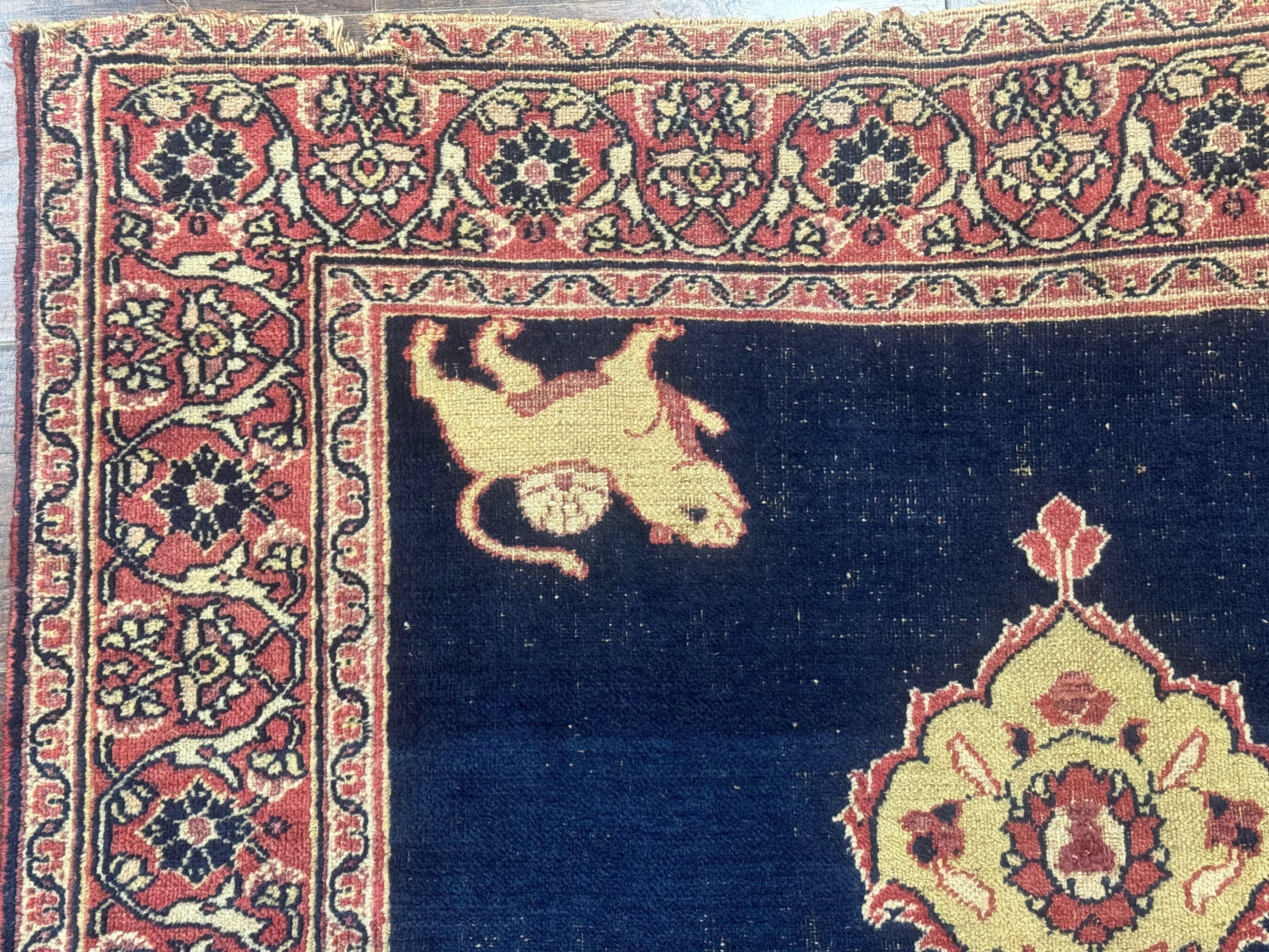 Antique Persian Mashad Rug 4x6, Semi Open Field, Navy Blue, Lion Pictorials, Triple Medallion, Dorokhsh Rug - Jewel Rugs