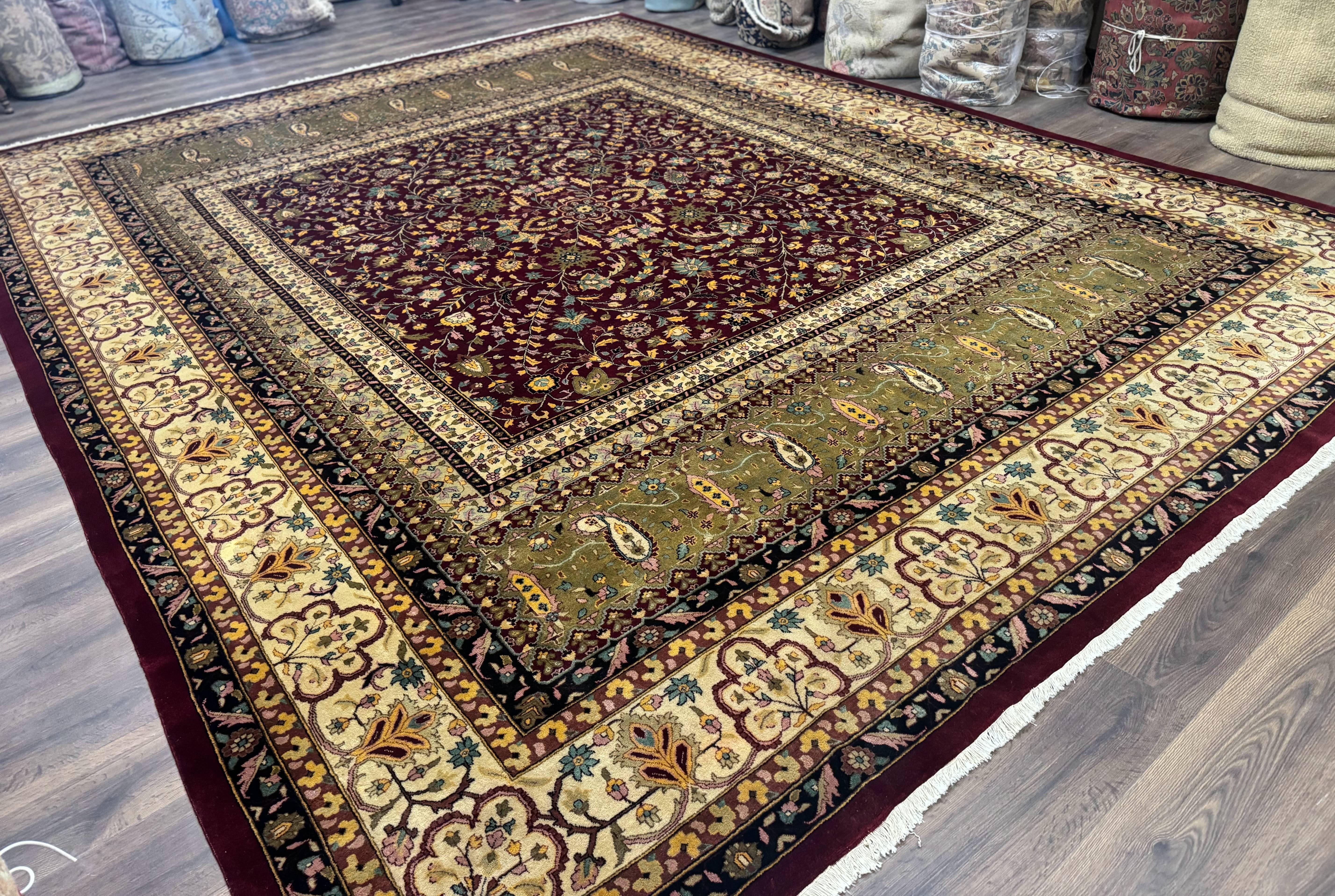 Palace Size Rug 12x15, Indian Agra Rug, Red Green Cream, Floral, Highly Detailed - Jewel Rugs