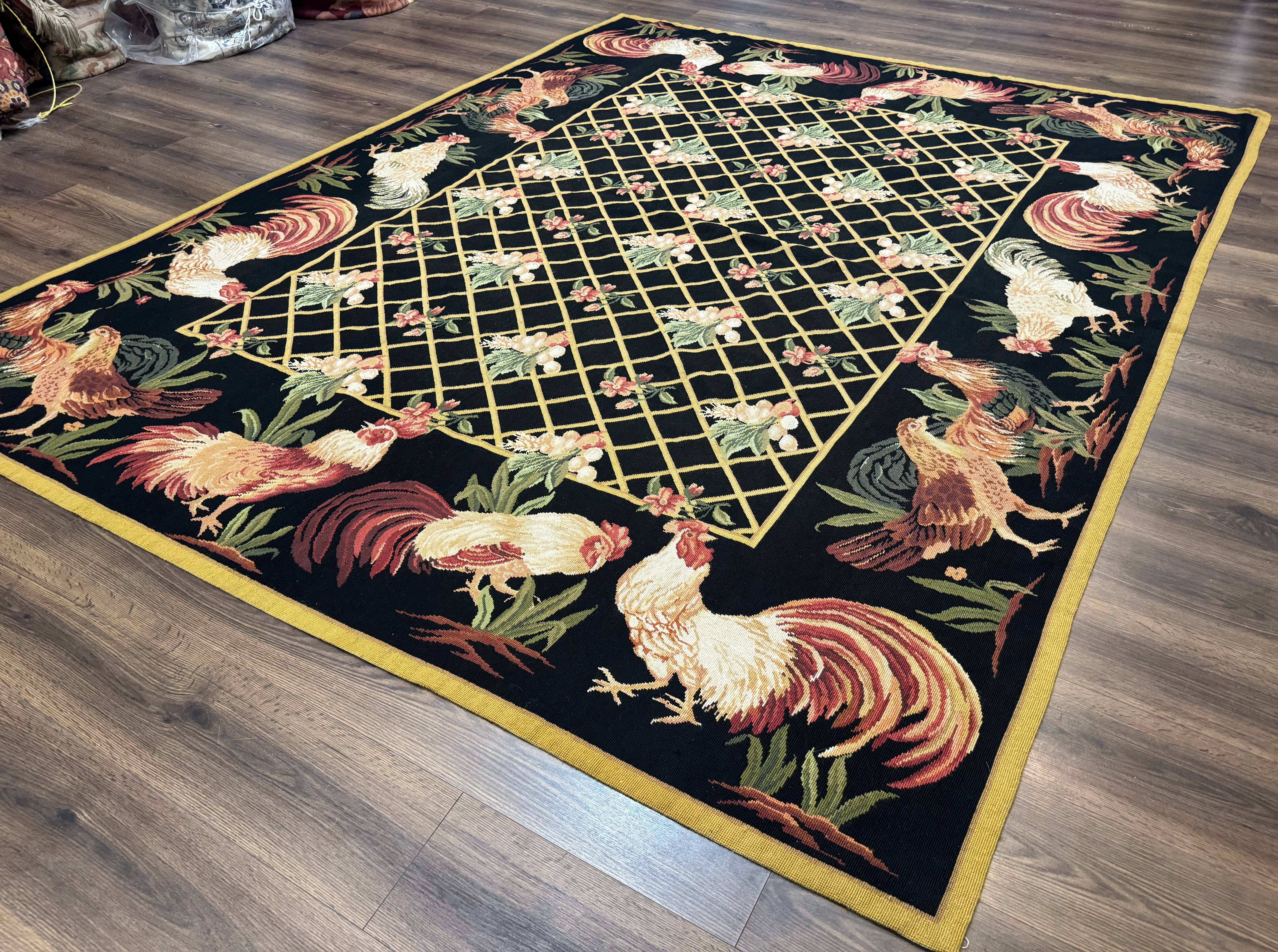Black Needlepoint Rug 8x10, Roosters Floral Unique Needlepoint Carpet - Jewel Rugs