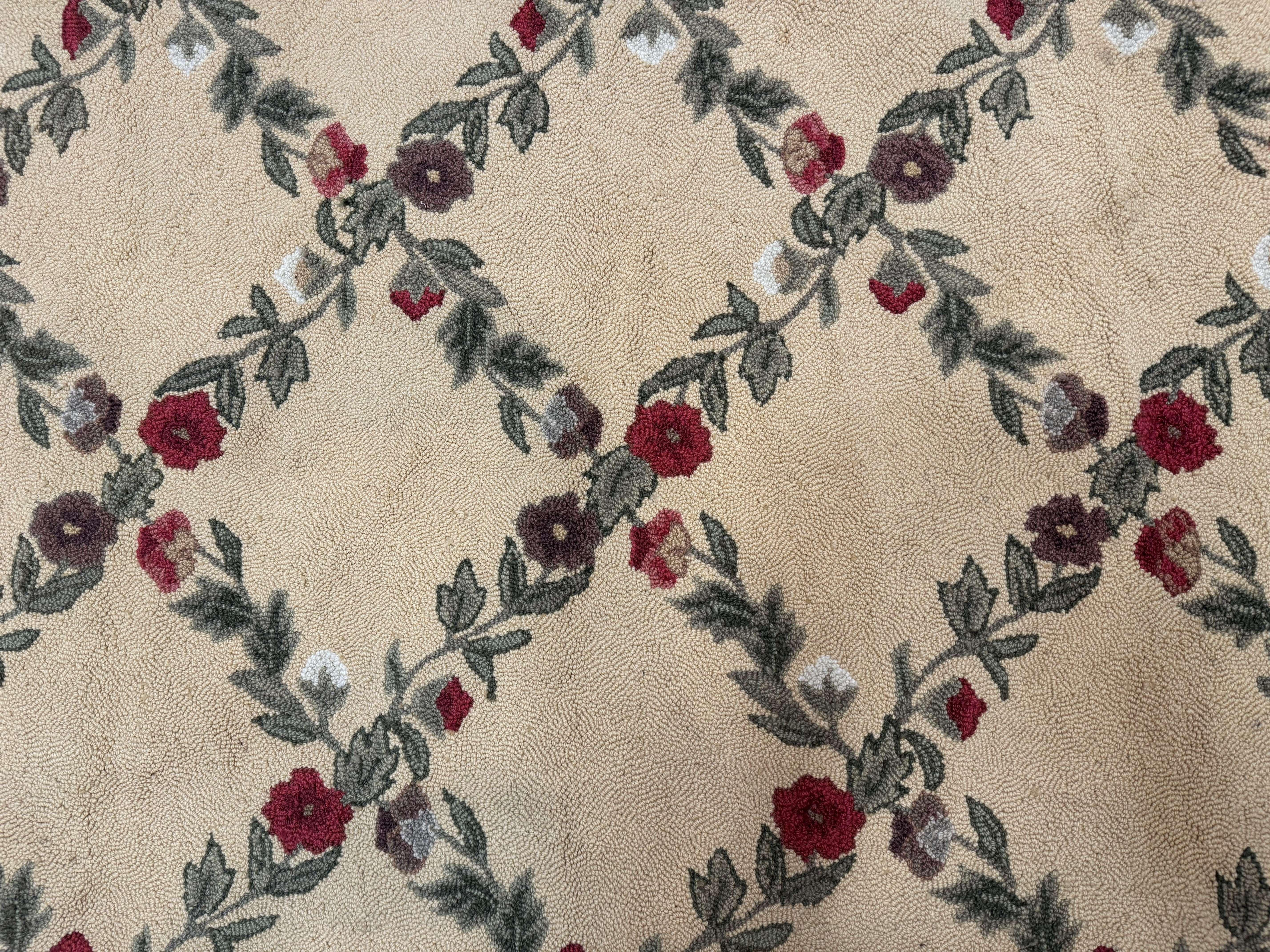 Vintage Hooked Rug 7x9, Rosters in Border, Roses and Butterflies - Jewel Rugs