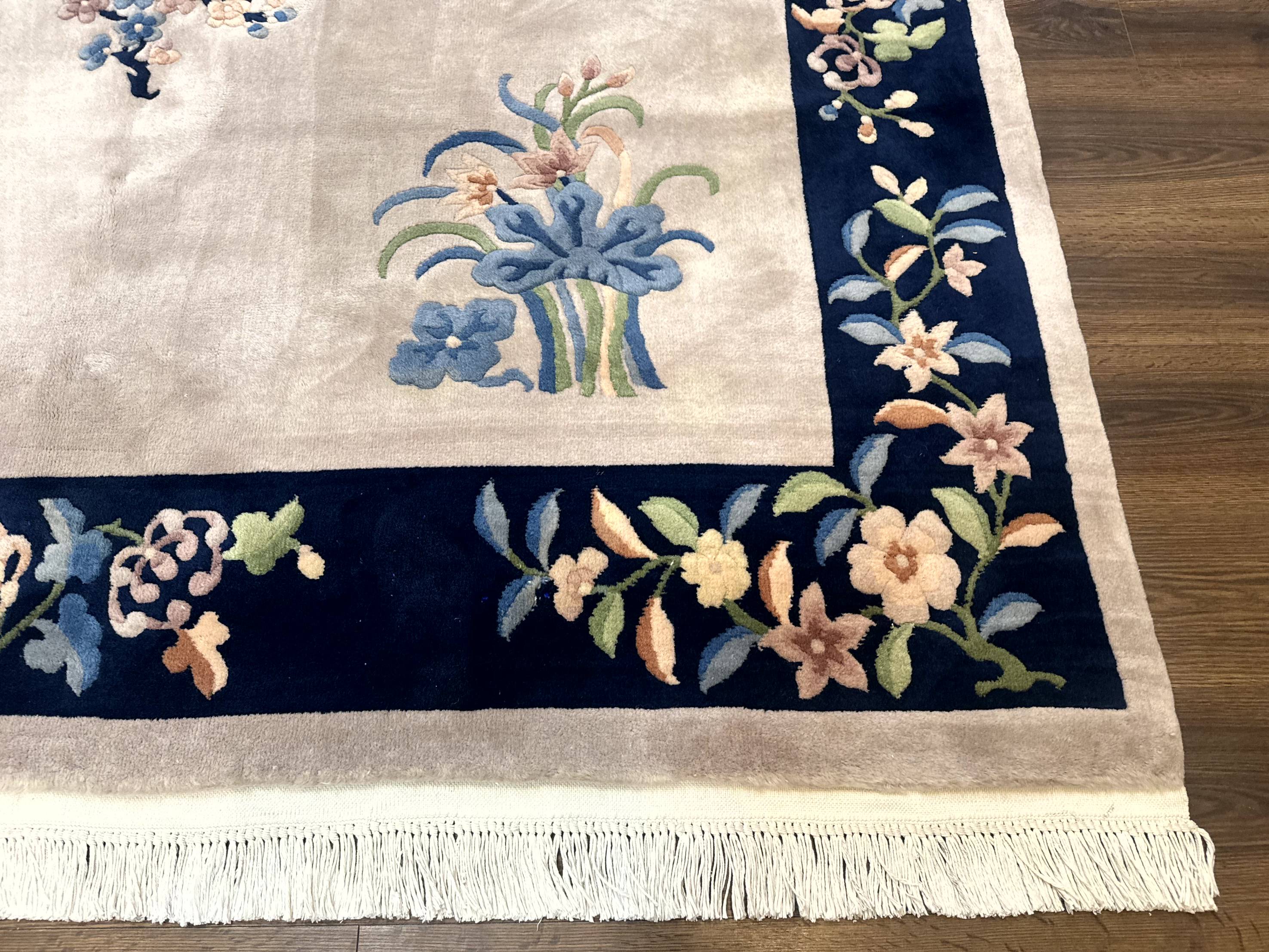 Chinese Wool Rug 8x10, Light Gray and Navy Blue, Floral, Chinese 120 Line Carpet - Jewel Rugs