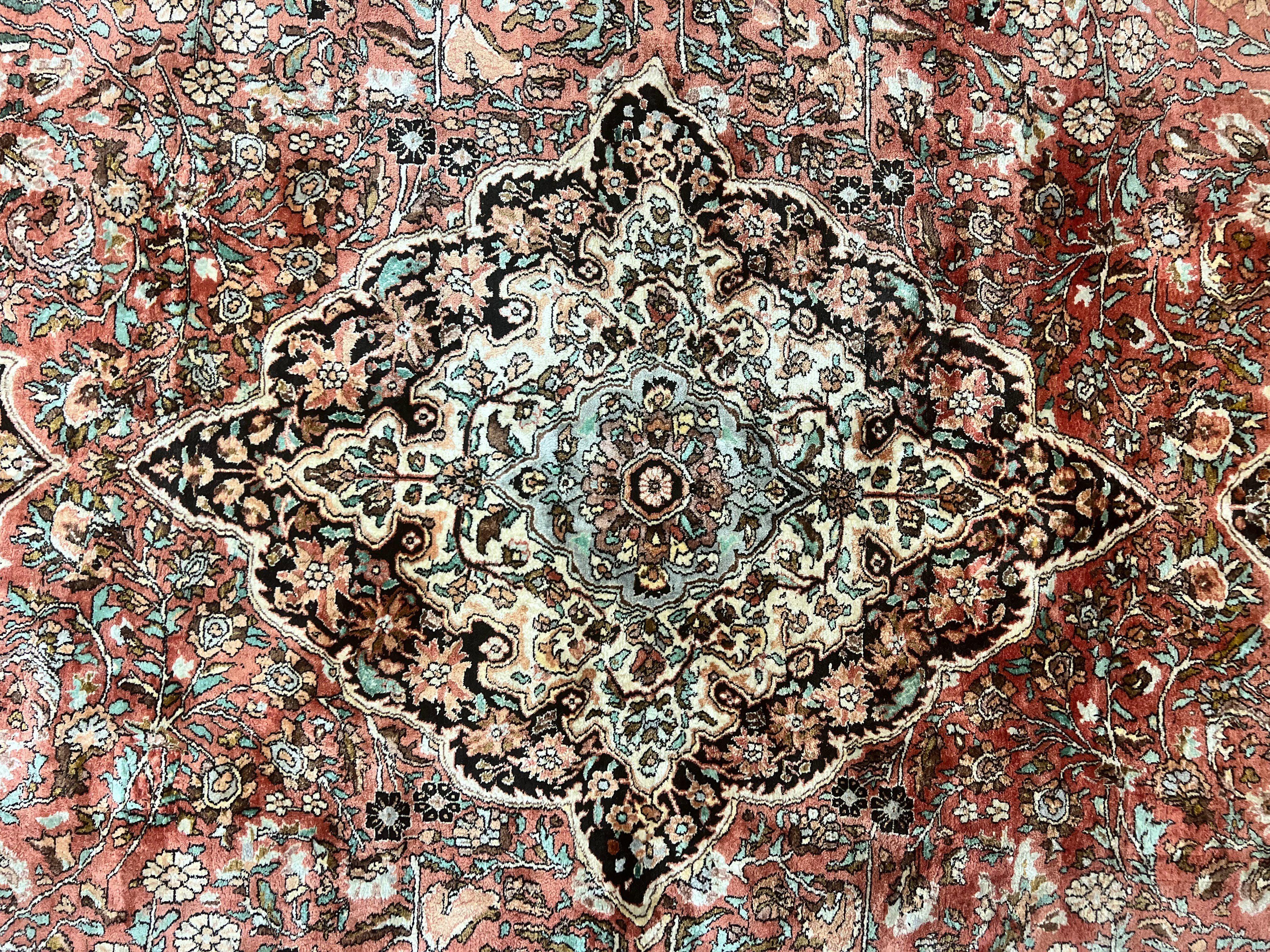 Silk Indian Kashmir Rug 10x14, Room Sized Silk Oriental Carpet, Indo Persian Kashmiri Rug, Traditional Floral Medallion Handmade Rug - Jewel Rugs