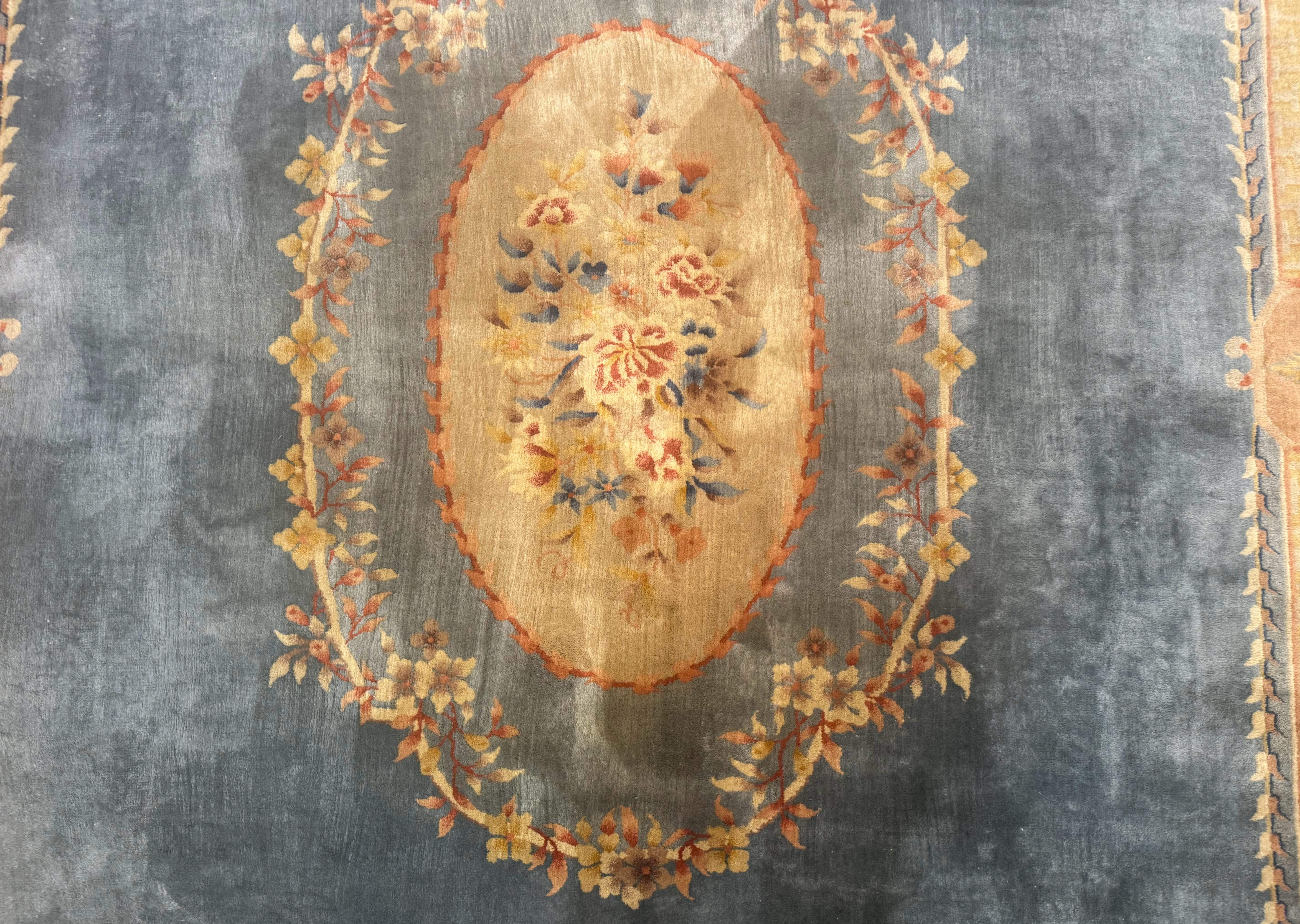 Chinese Aubusson Wool Rug 9x11, Light Blue and Salmon, Hand Knotted, Soft Pile - Jewel Rugs