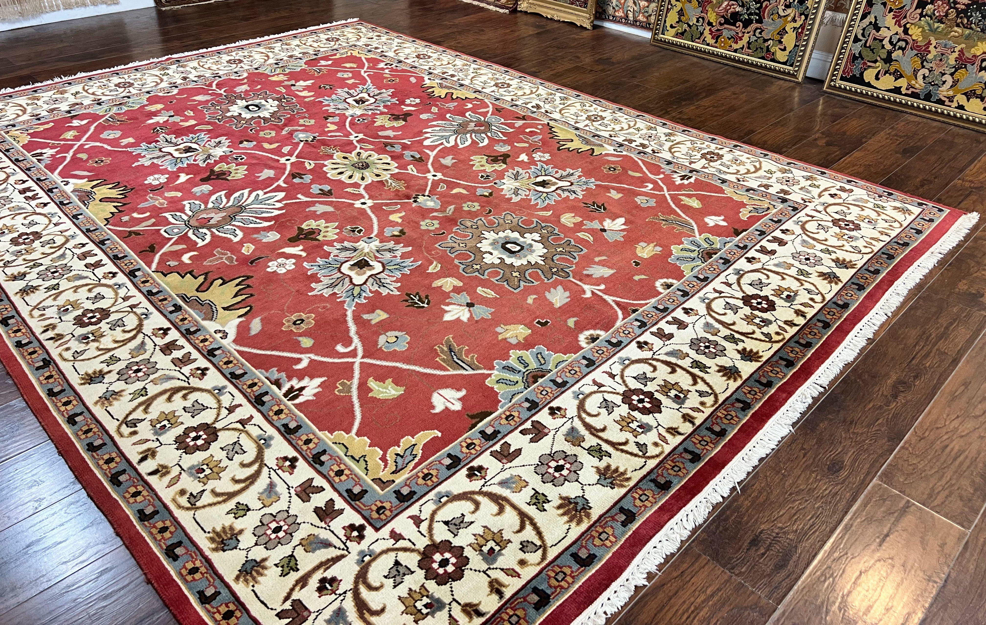 Indo Persian Rug 9x12, Wool Hand Knotted Vintage Carpet, Red & Ivory, Floral Allover, 9 x 12 Room Sized Rug - Jewel Rugs