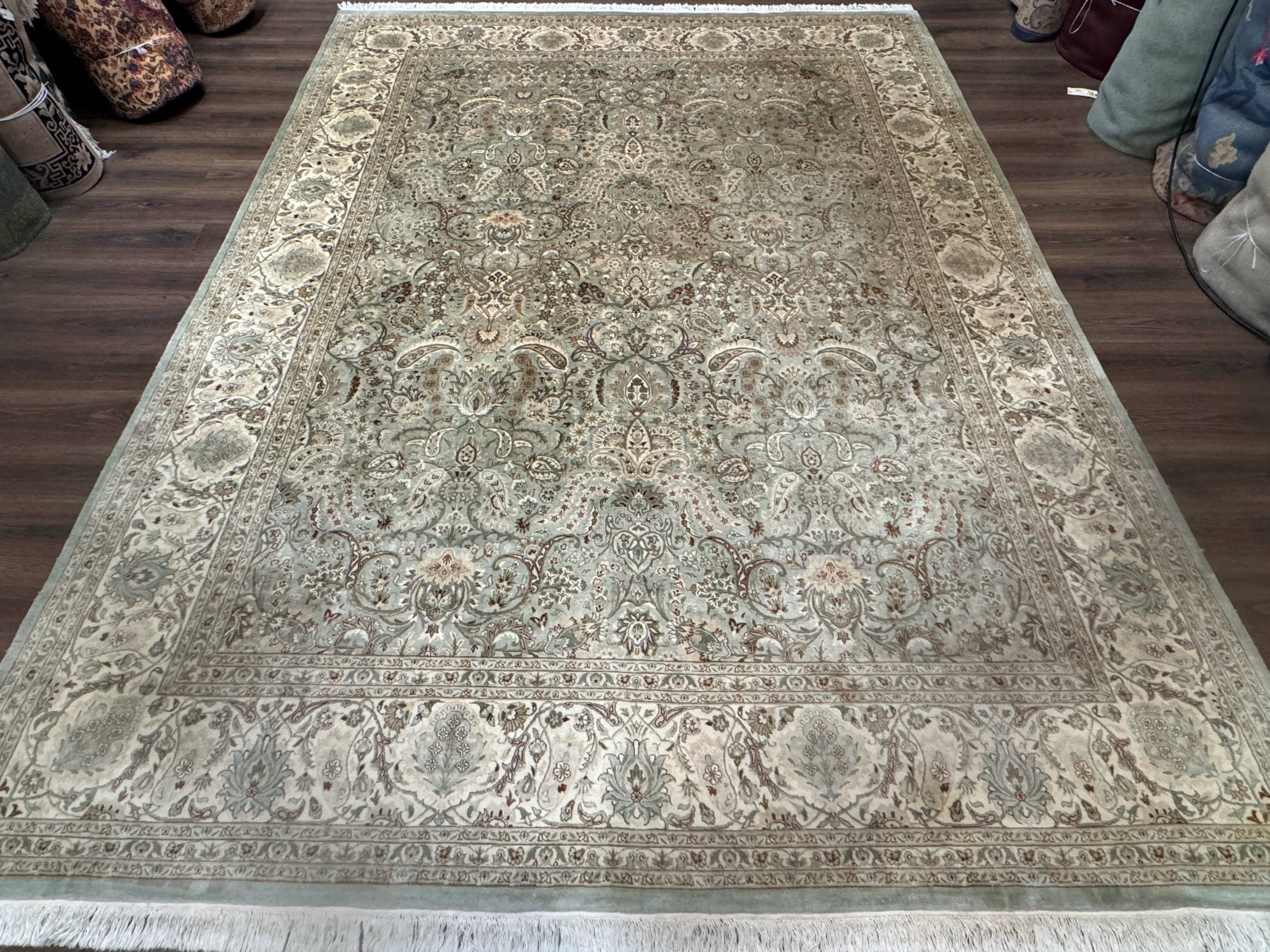 Fine Pak Persian Rug 9x12, Light Sage Green & Ivory, Allover Pattern, Boteh, Handmade, 200 KPSI - Jewel Rugs