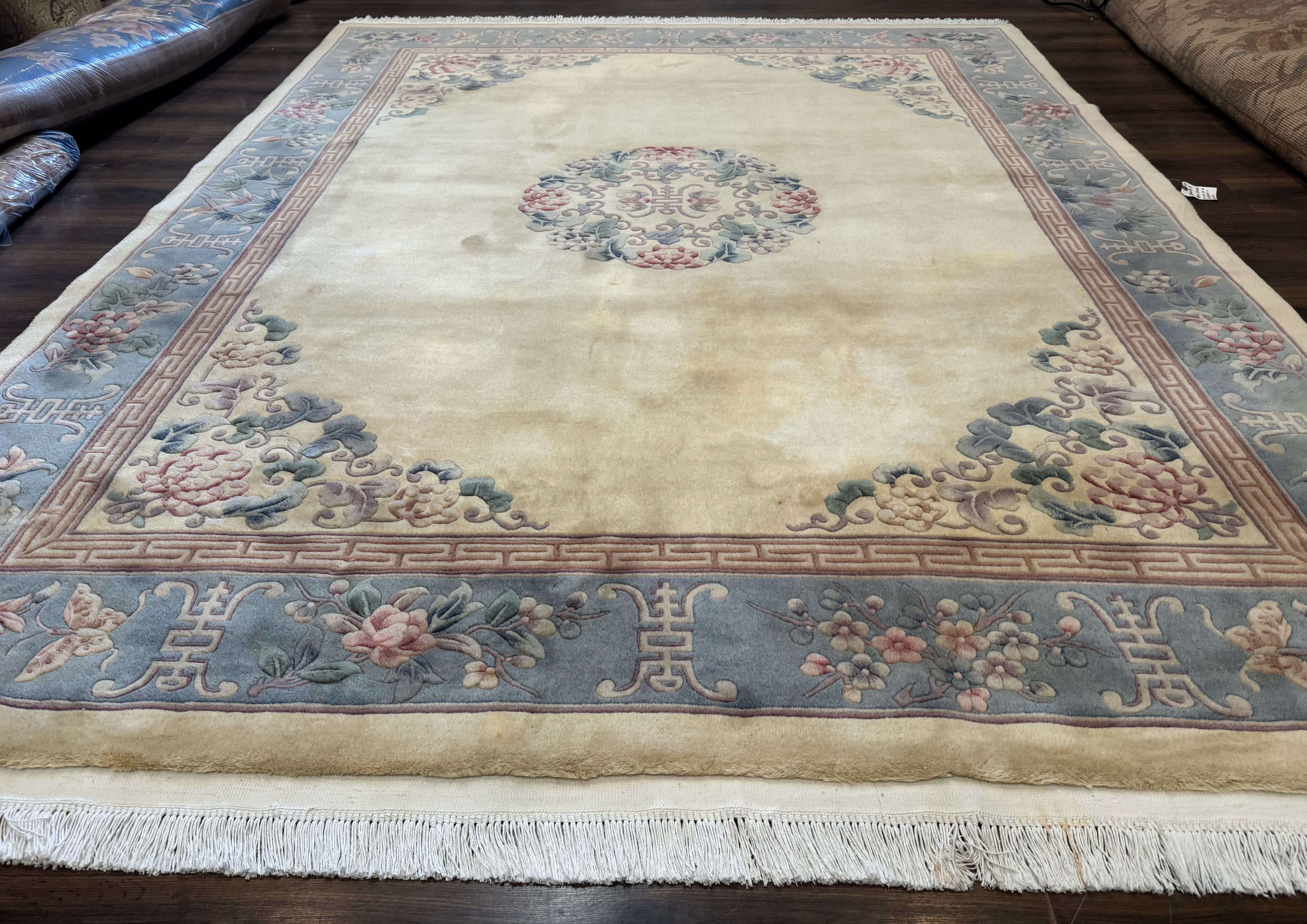 Chinese Wool Rug 8x10, Chinese 90 Line Carpet, Carving Sculpted Rug, Cream and Light Blue - Jewel Rugs