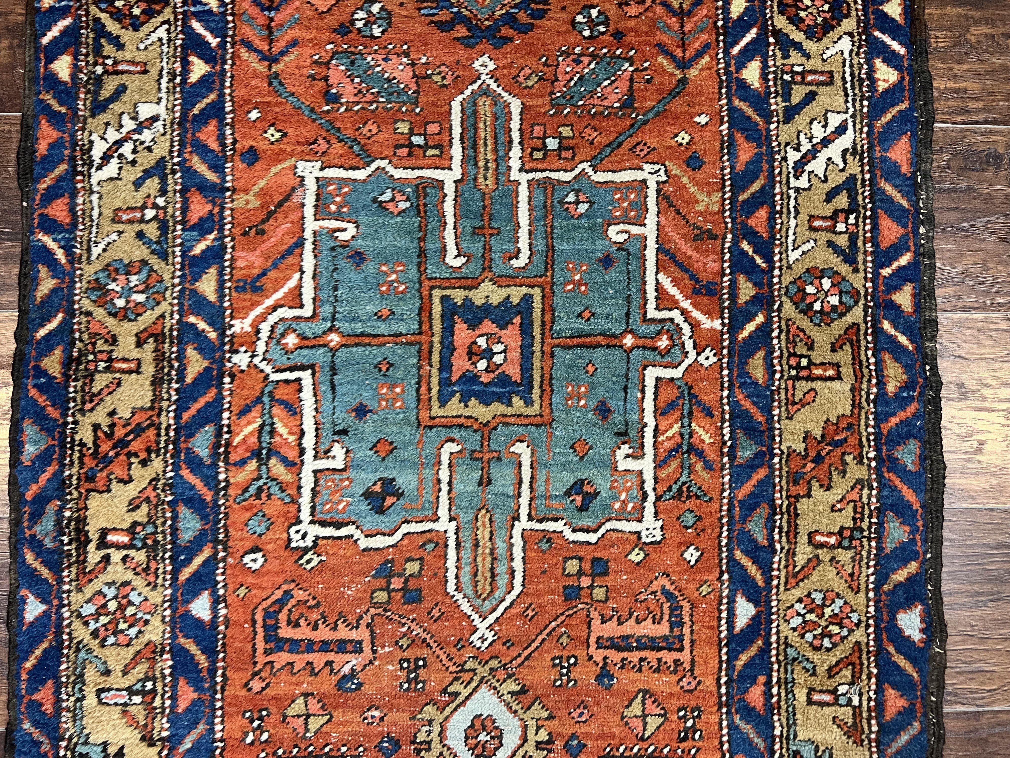 Colorful Persian Karajeh Runner Rug 3 x 10.7, Geometric Heriz Design, Antique Oriental Rug for Hallway, Orange-Red Blue, Handmade Tribal Runner - Jewel Rugs