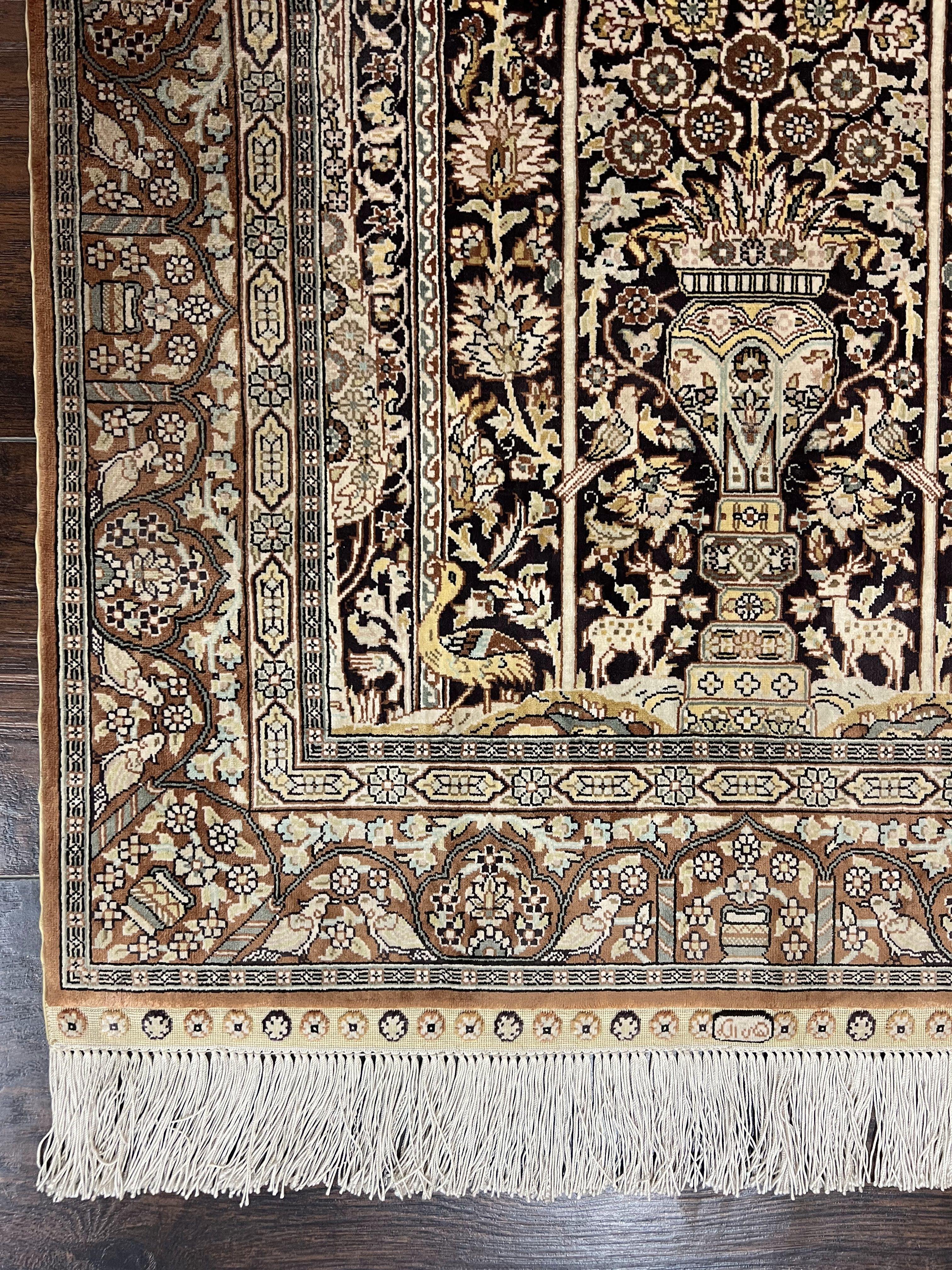 Turkish Silk Hereke Rug 2x3, Floral Vase Tree of Life Birds, Silk Pile on Silk Foundation, Vintage Oriental Carpet, Very Fine, Signature - Jewel Rugs