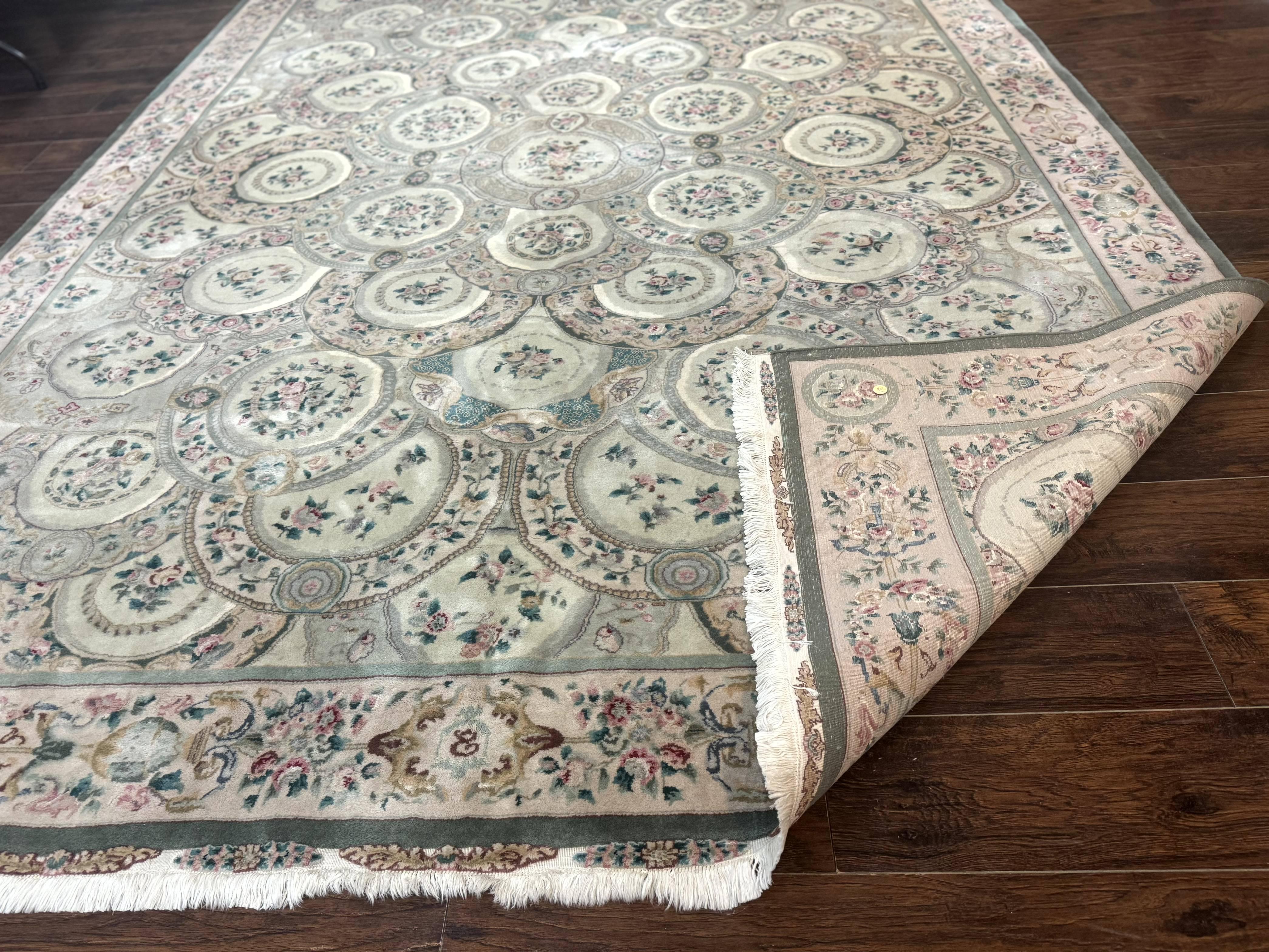 Pak Persian Rug 9x12, Wool with Silk Highlights, European Design, Floral, Green - Jewel Rugs