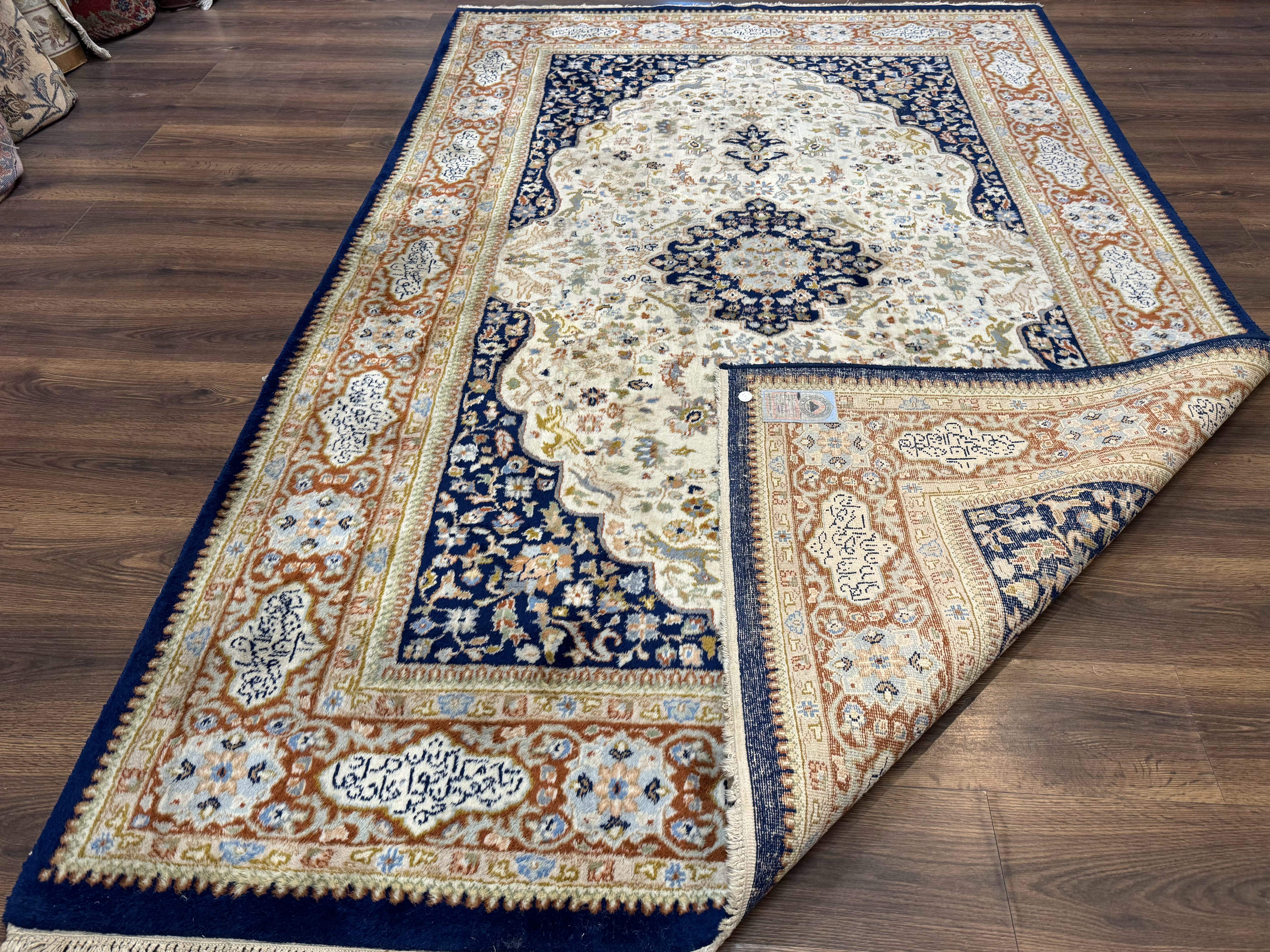 Indo Persian Rug 6x9 – Ivory and Navy, Hunting Design, Wool, Vintage, Poetry in Borders - Jewel Rugs