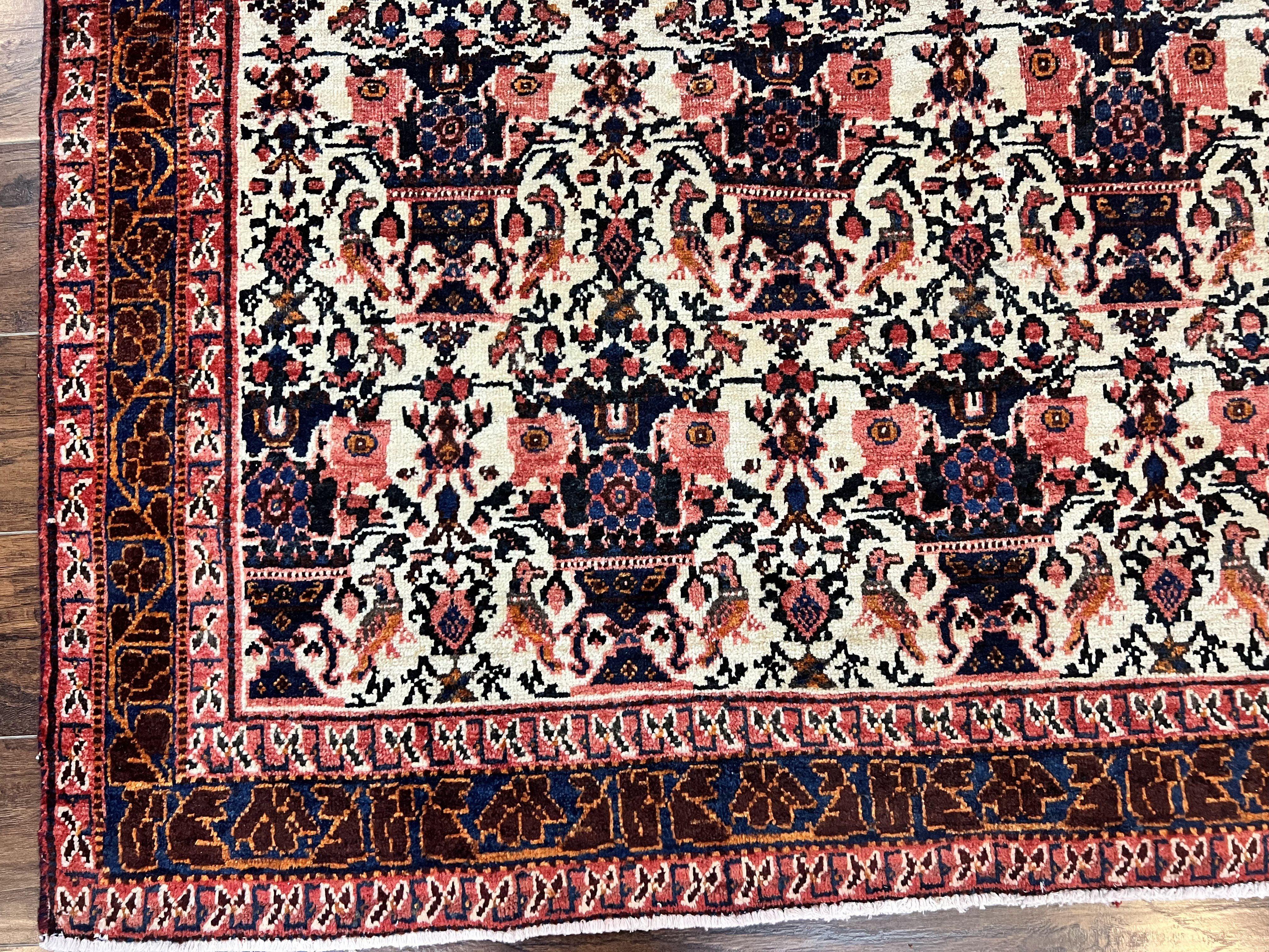 Persian Afshar Rug 6x8, Wool Hand Knotted Semi Antique Vintage Carpet, Floral Allover, Repeated Birds Flowers Vases Motifs - Jewel Rugs