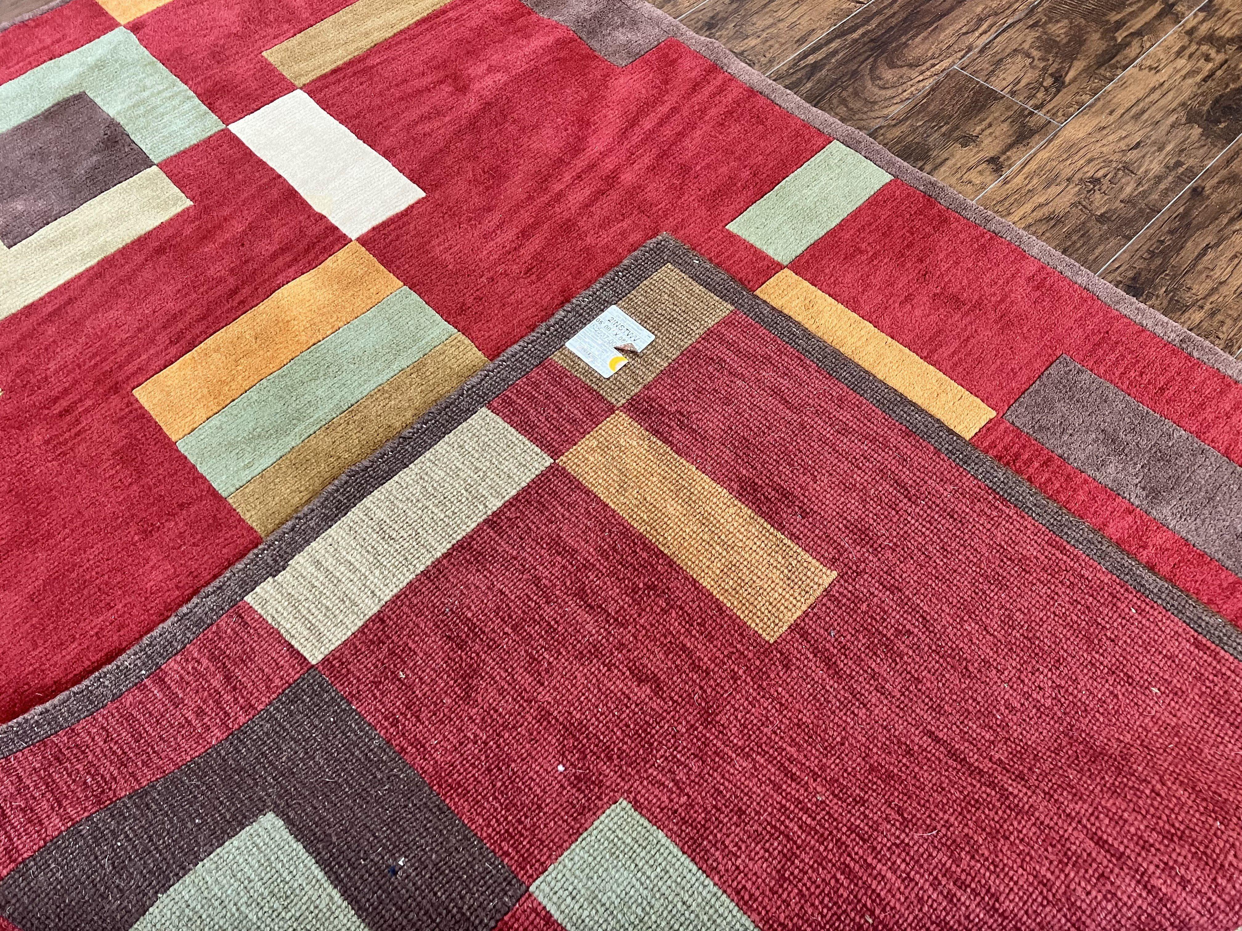 Indo Tibetan Modern Rug 5x8, Abstract Rug 5 x 8 ft, Red Multicolor Wool Handmade Contemporary Area Rug - Jewel Rugs