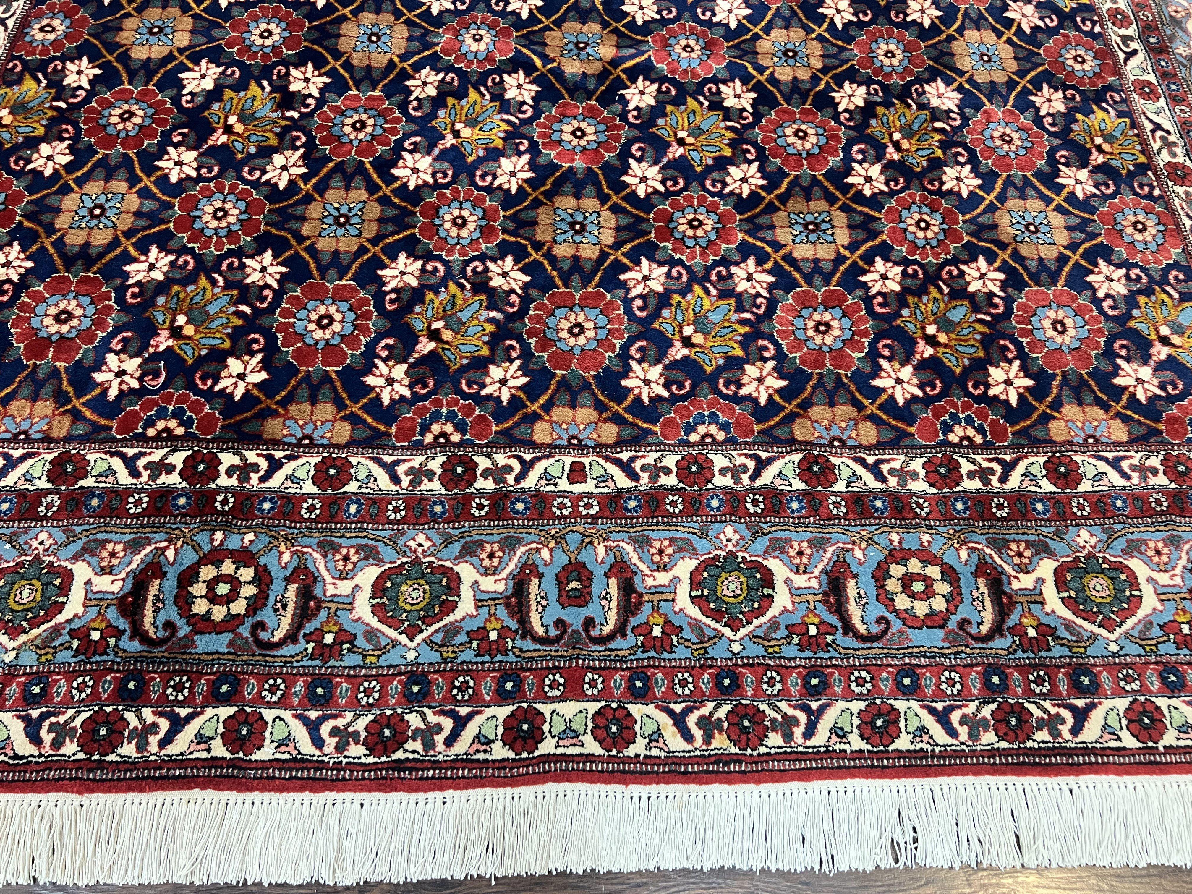 Persian Veramin Rug 7x11, Repeated Allover Pattern, Handmade Vintage Carpet, Navy Blue - Jewel Rugs