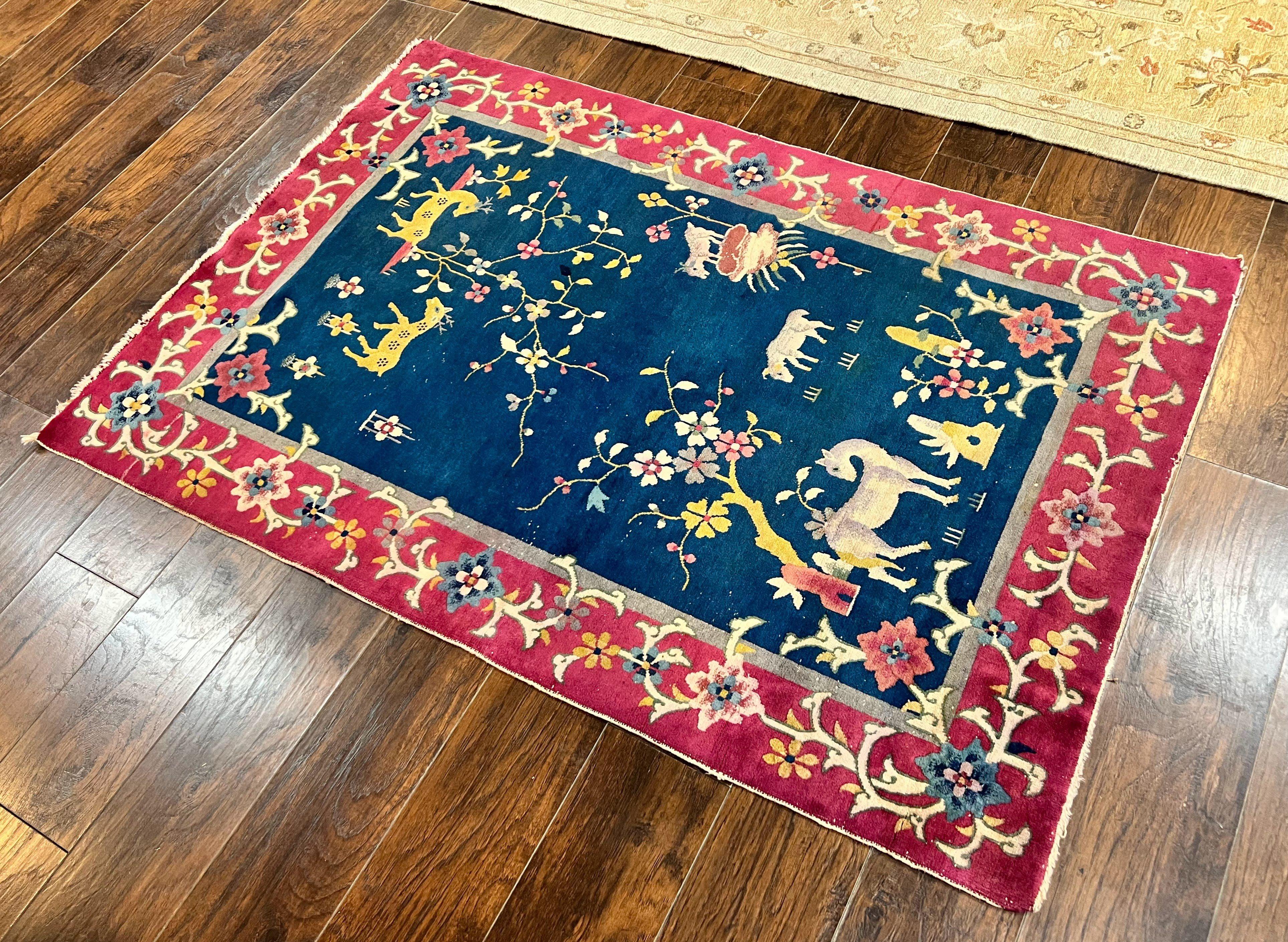Antique Chinese Art Deco Rug, Animal Pictorials, Navy Blue and Magenta, Chinese Nichols Carpet, Wool - Jewel Rugs