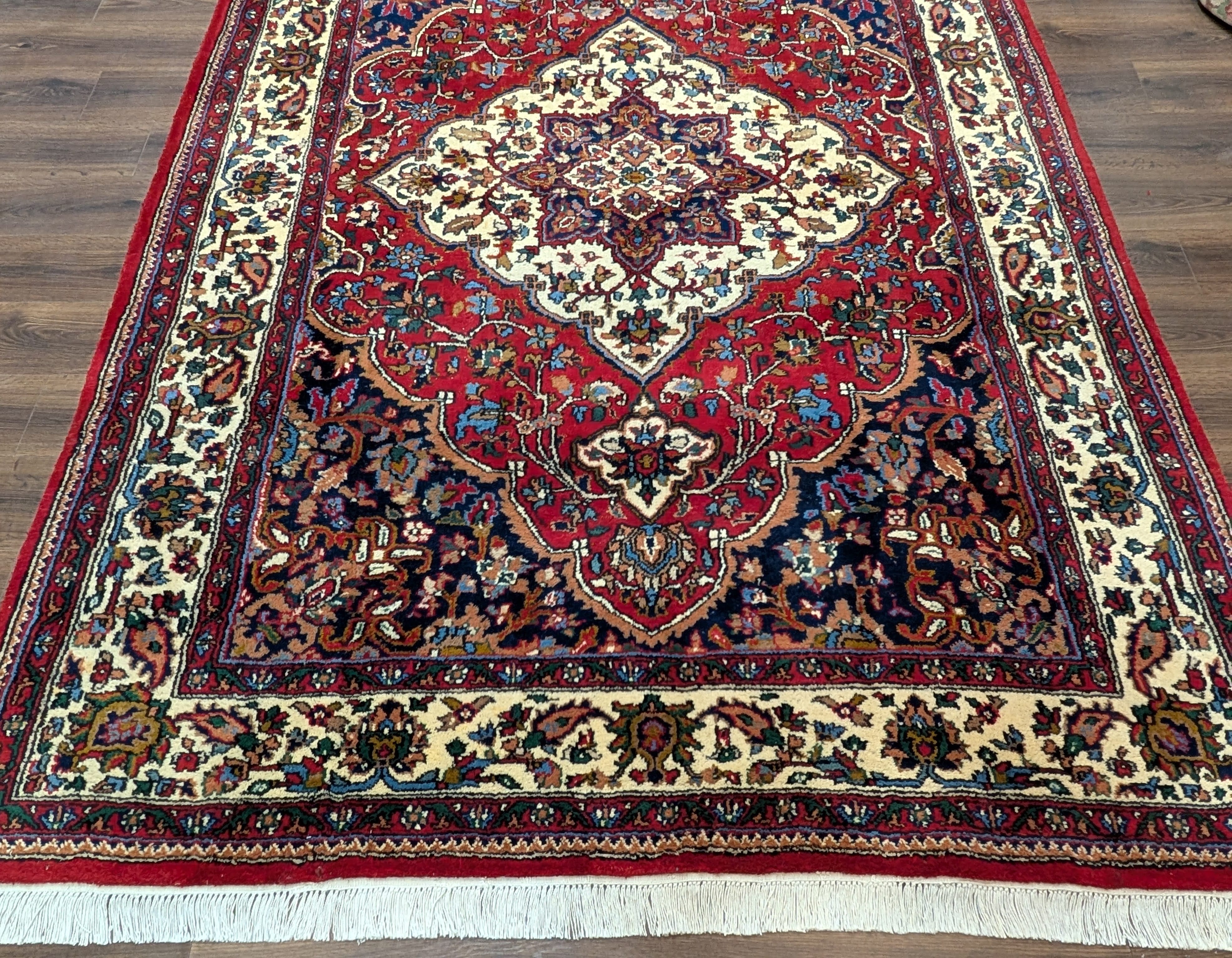 Indo Persian Rug 7x10, Floral Medallion Hand-Knotted Wool Carpet, Red Ivory Navy - Jewel Rugs