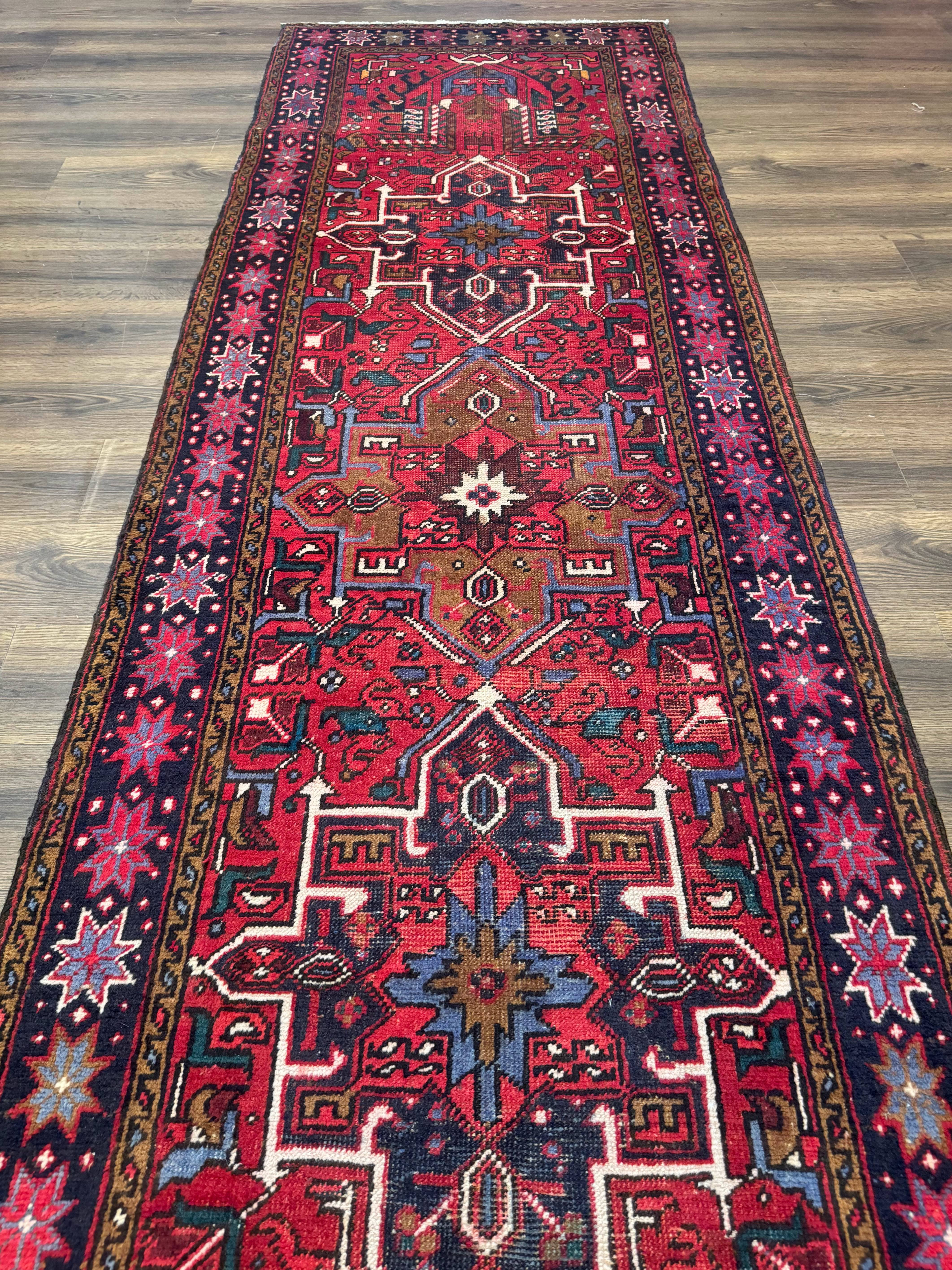 Persian Heriz Karajeh Runner Rug 3.7 x 12, Geometric Medallions, Red and Navy Blue - Jewel Rugs