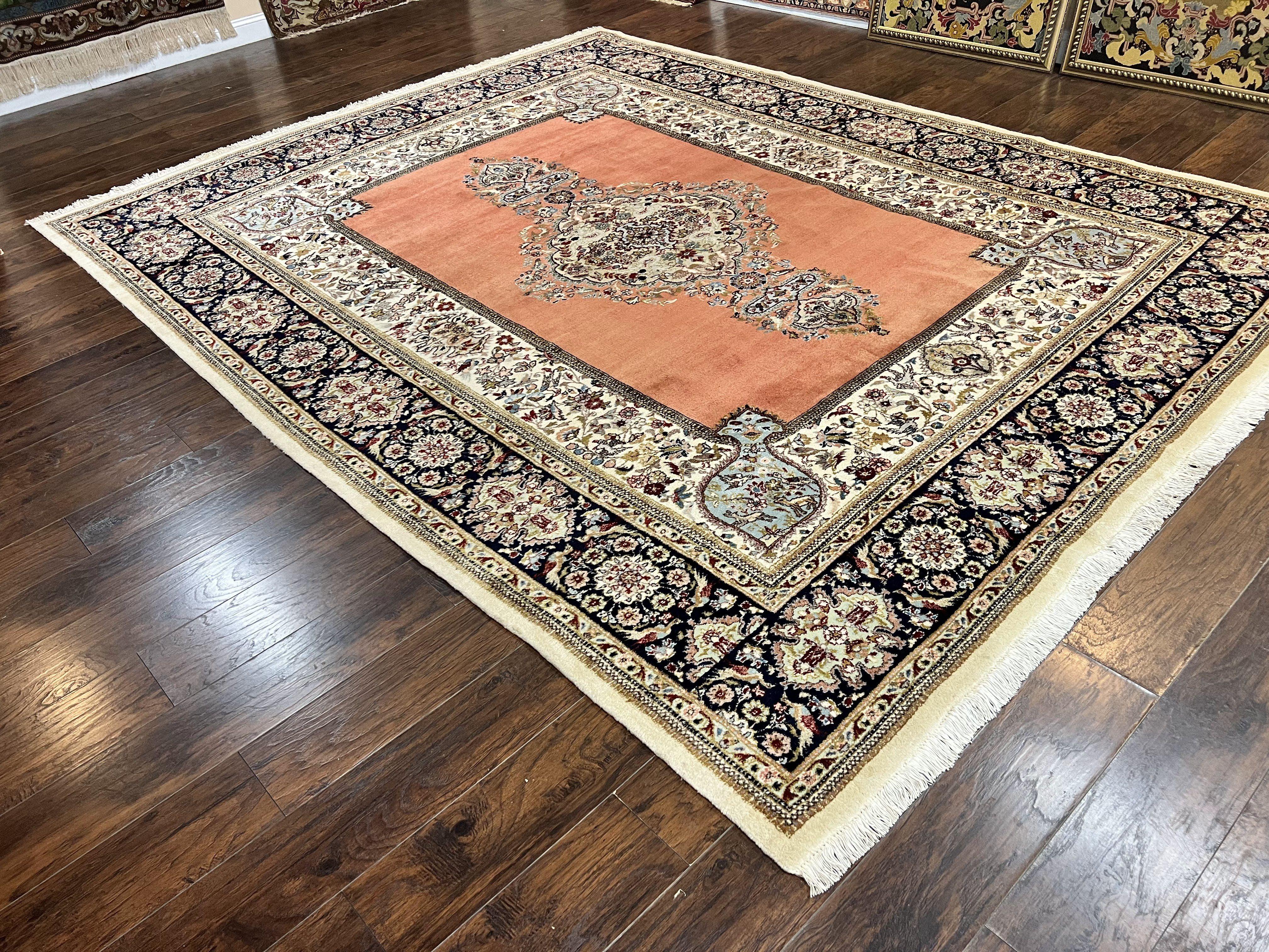 Persian Tabriz Rug 10x13, Wool Hand Knotted Vintage Carpet, Salmon Red & Ivory, Semi Open Field, Birds & Animal Motifs, Large Rug - Jewel Rugs