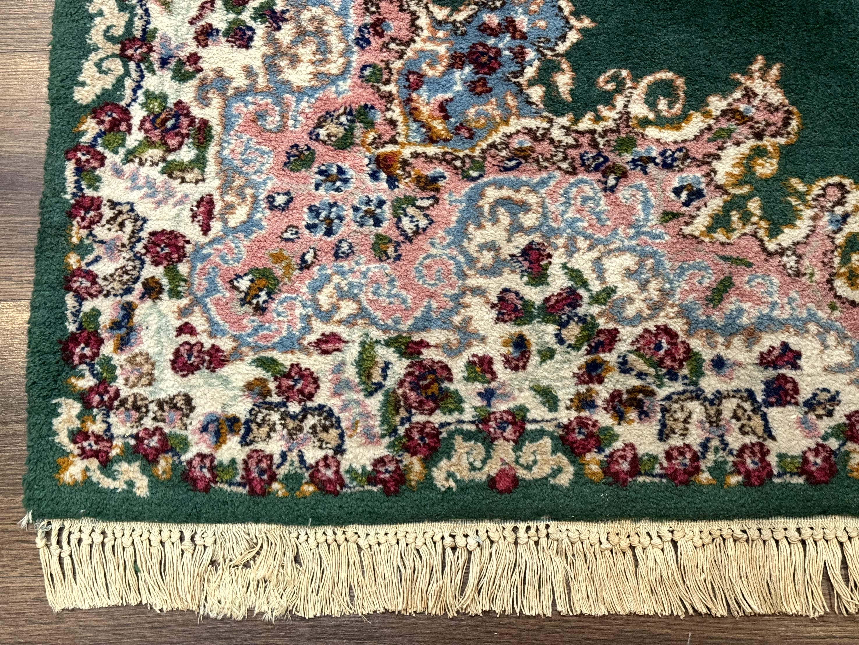 Persian Kerman Rug 4x6, Green Ivory Pink, Wool Vintage, Semi Open Field - Jewel Rugs