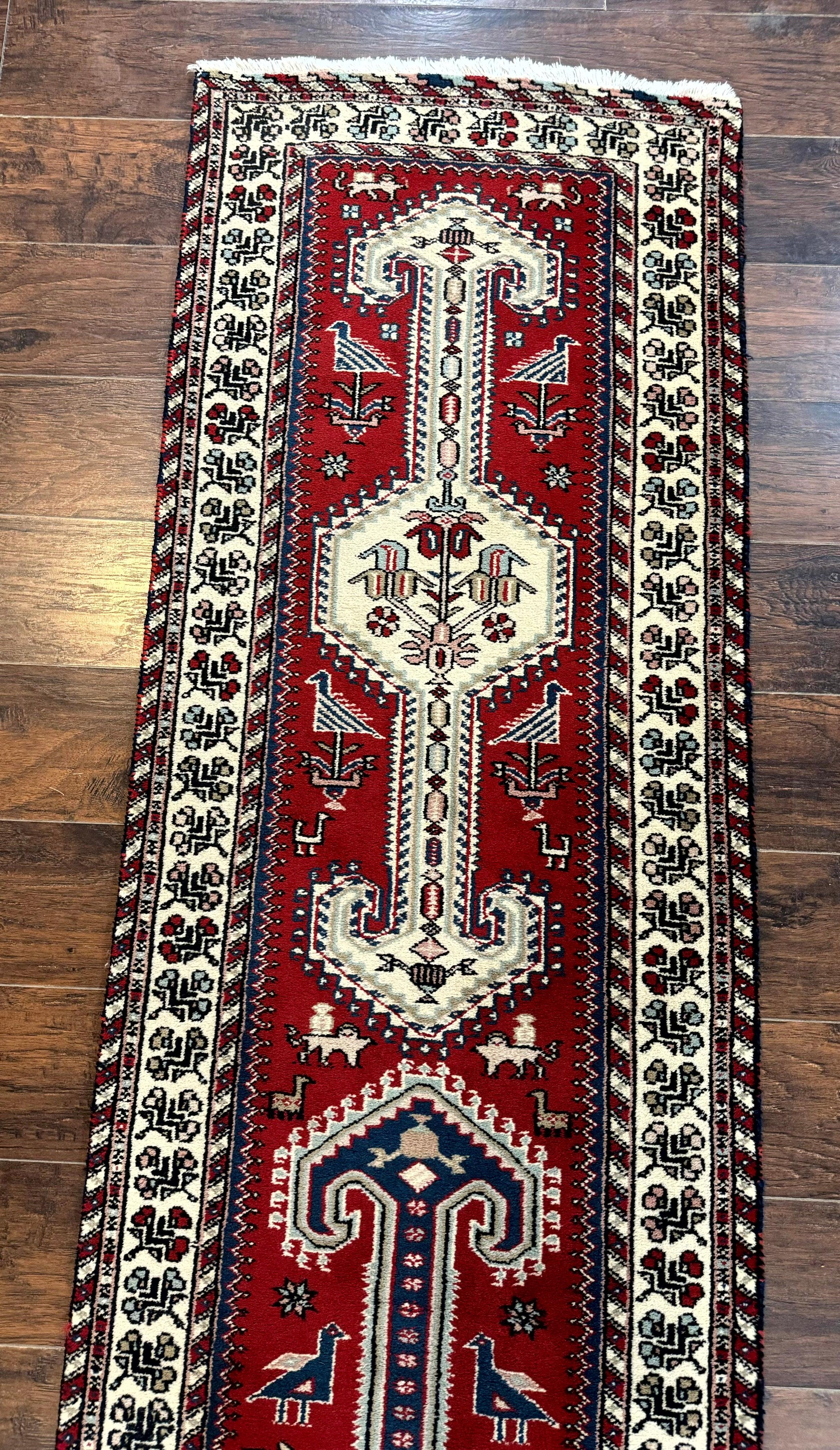 Indo Persian Runner Rug 2.6 x 12, Heriz Geometric Caucasian Design, Animal Pictorials, Tribal Runner Rug, Vintage Handmade Wool Red - Jewel Rugs