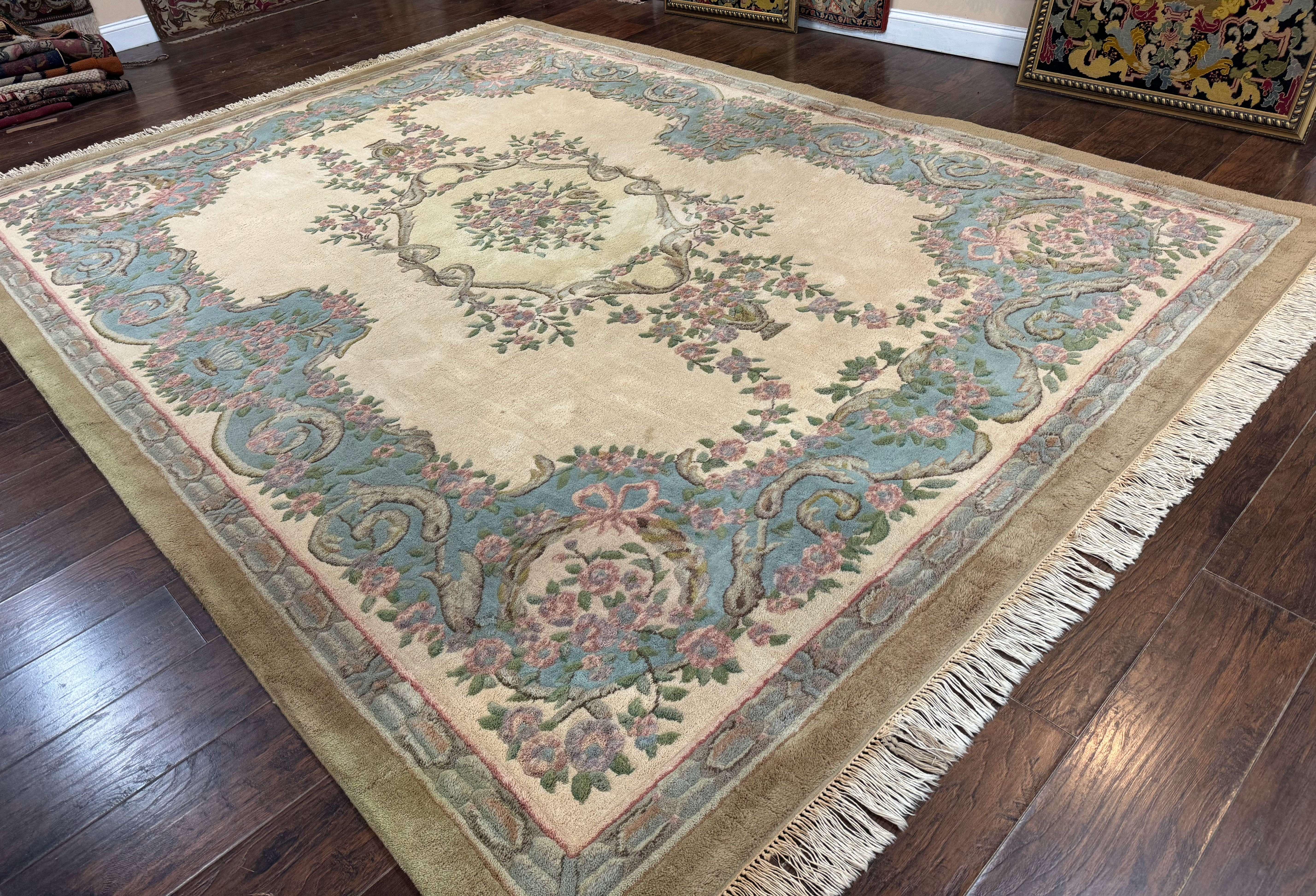 Indo Chinese Aubusson Rug 9x12, Beige and Light Blue, European Design, Wool Area Rug - Jewel Rugs