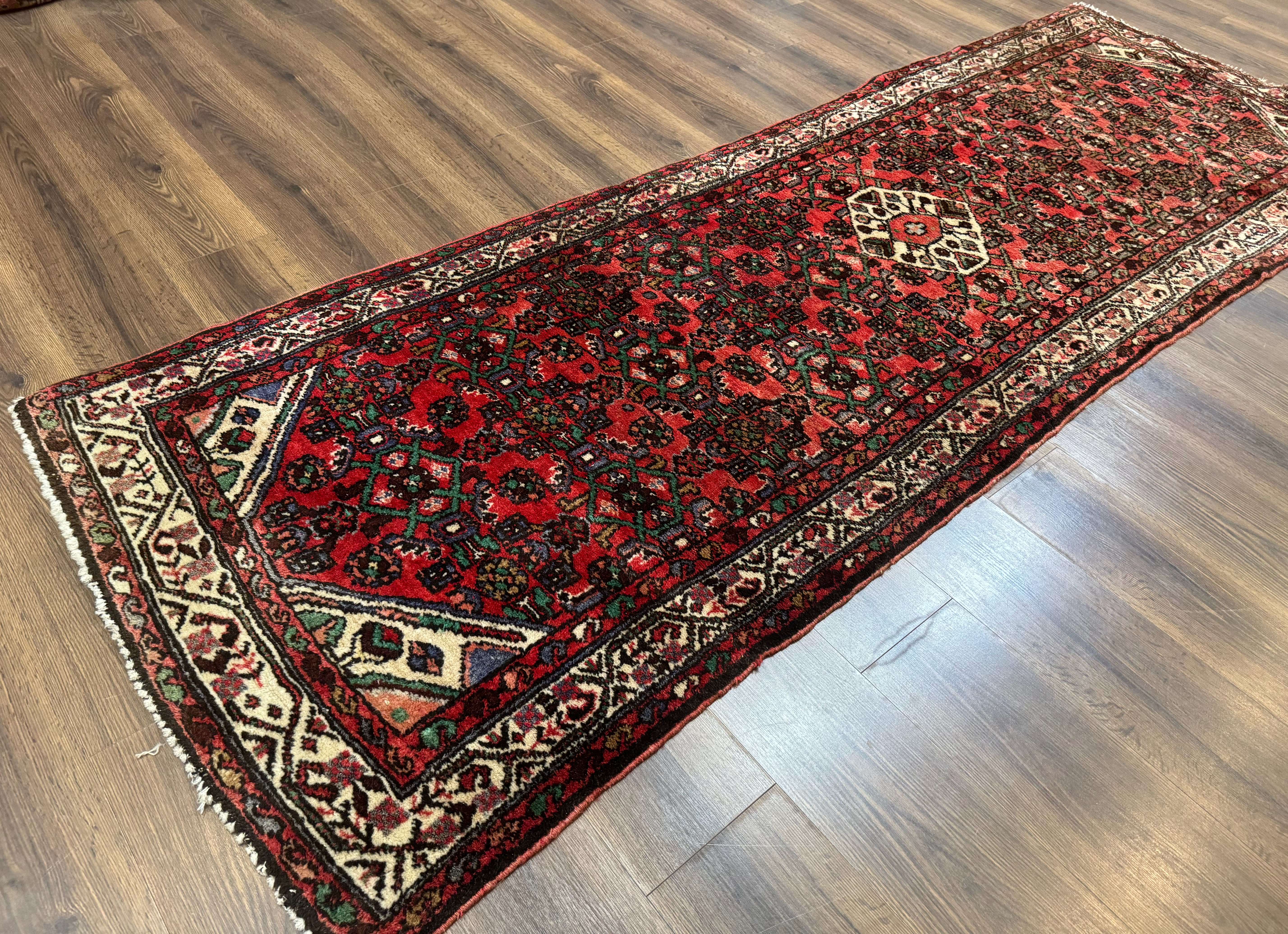 Persian Runner Rug 3x10, Wool Hand Knotted Hallway Rug 3 x 10 ft, Red and Ivory, Hamadan Angelas Runner - Jewel Rugs