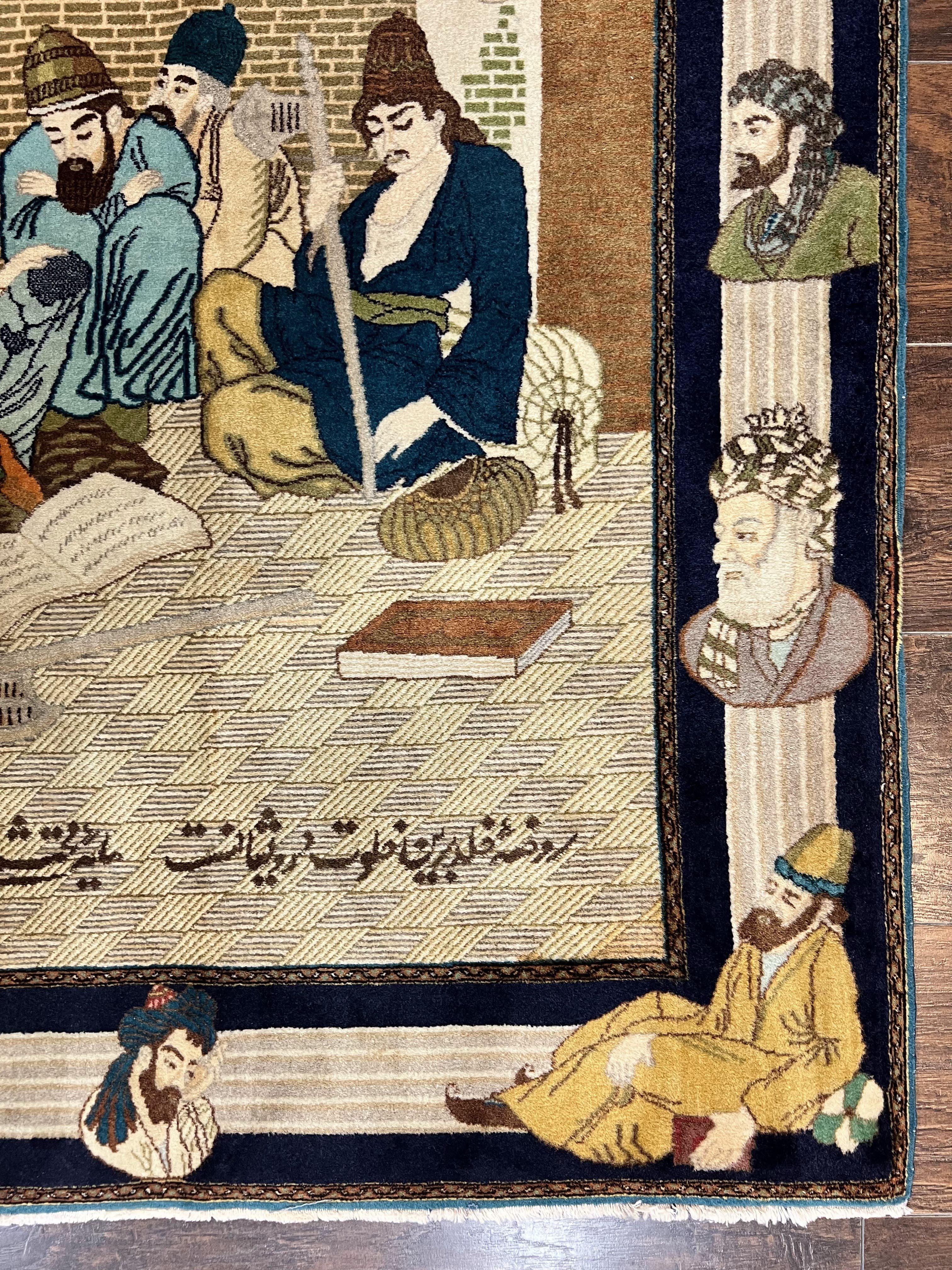 Persian Tabriz Pictorial Rug 3x5, Wall Hanging Carpet, Very Fine 60 Raj 475 KPSI, Hand Knotted Vintage Semi Antique, Wool, Persian Poetry - Jewel Rugs